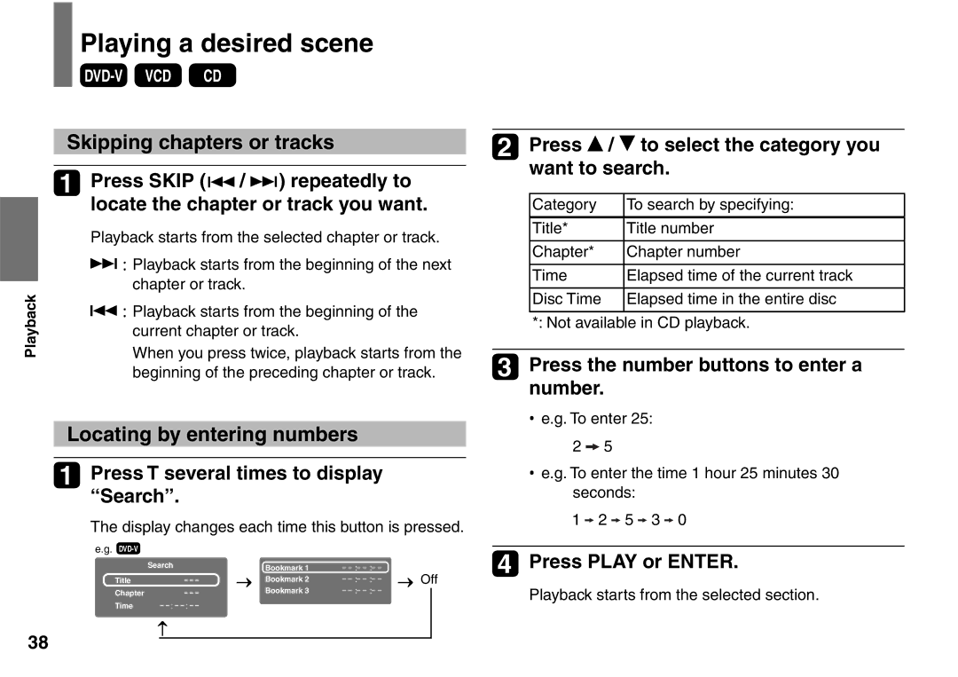 Toshiba SD-P1707SR Playing a desired scene, Skipping chapters or tracks, Locating by entering numbers, Press Play or Enter 