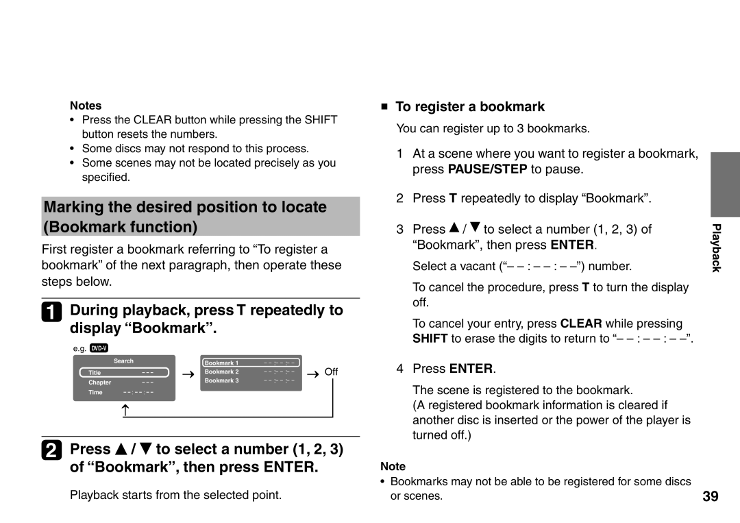 Toshiba SD-P1707SR Marking the desired position to locate Bookmark function, Bookmark, then press Enter, Press Enter 