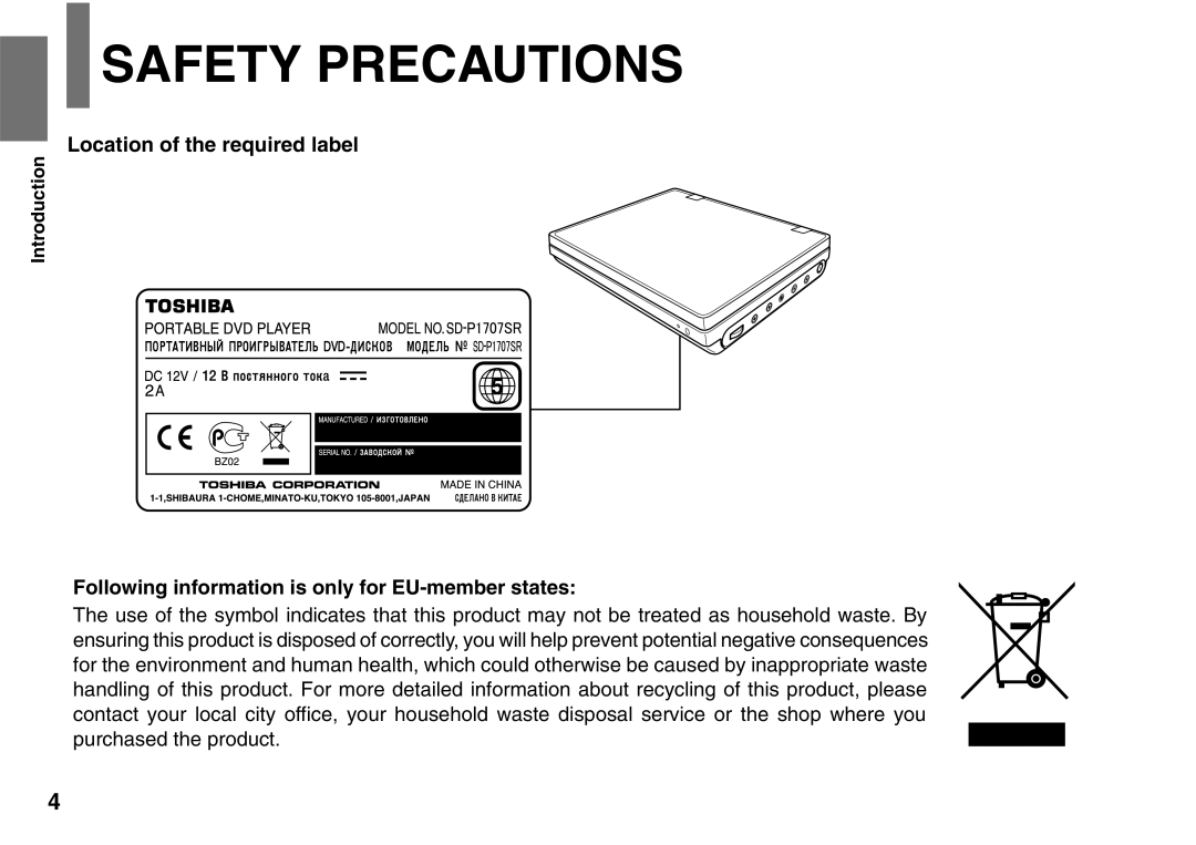 Toshiba SD-P1707SR owner manual Location of the required label, Following information is only for EU-member states 