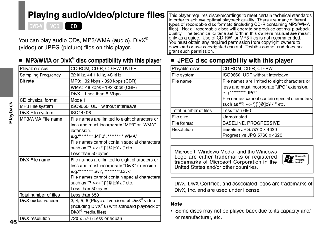 Toshiba SD-P1707SR owner manual Playing audio/video/picture ﬁles, Jpeg disc compatibility with this player 