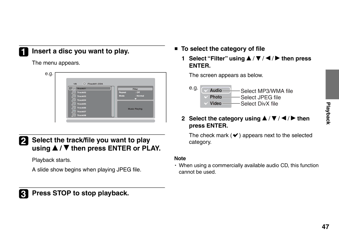 Toshiba SD-P1707SR Insert a disc you want to play, To select the category of ﬁle, Select Filter using / / / then press 