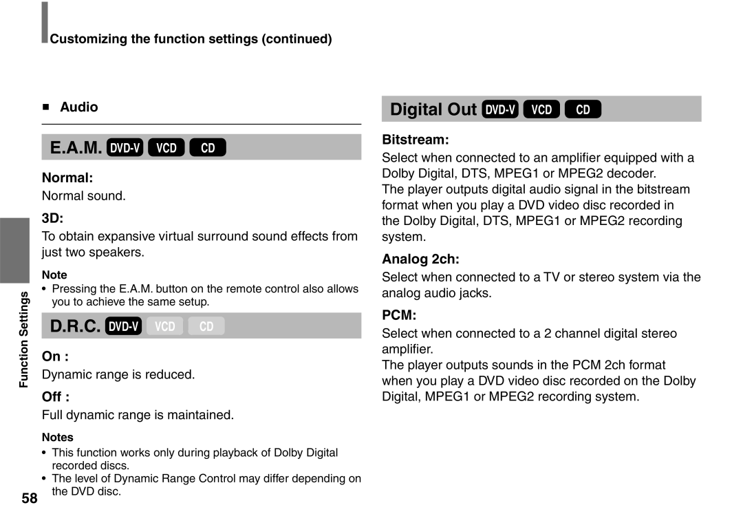 Toshiba SD-P1707SR owner manual Audio, Normal, Off, Bitstream, Analog 2ch 