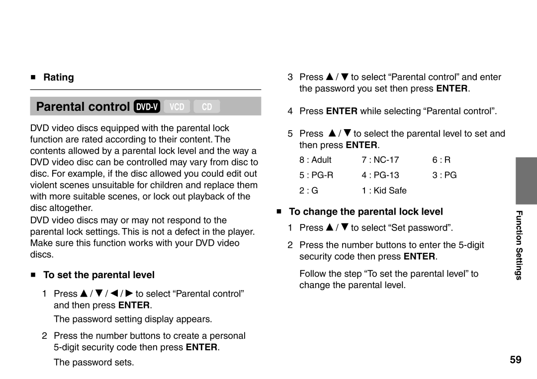 Toshiba SD-P1707SR owner manual Rating, To set the parental level, To change the parental lock level 