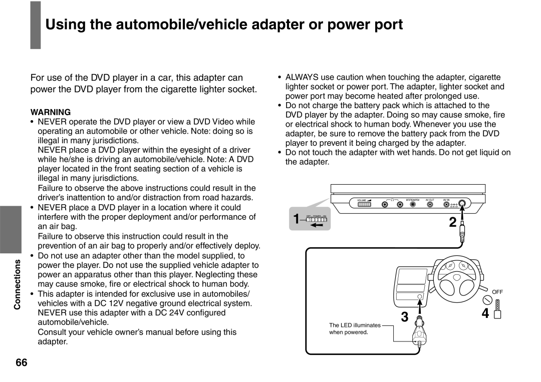 Toshiba SD-P1707SR owner manual Using the automobile/vehicle adapter or power port 