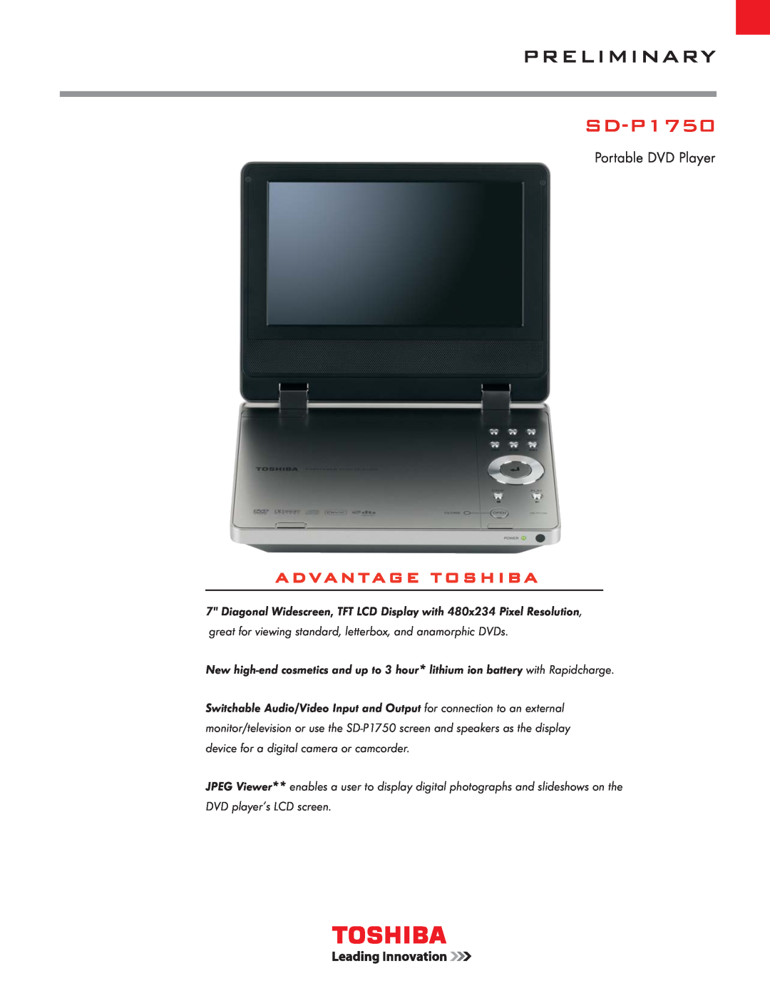 Toshiba SD-P1750 manual Preliminary, Advantage Toshiba, Portable DVD Player 
