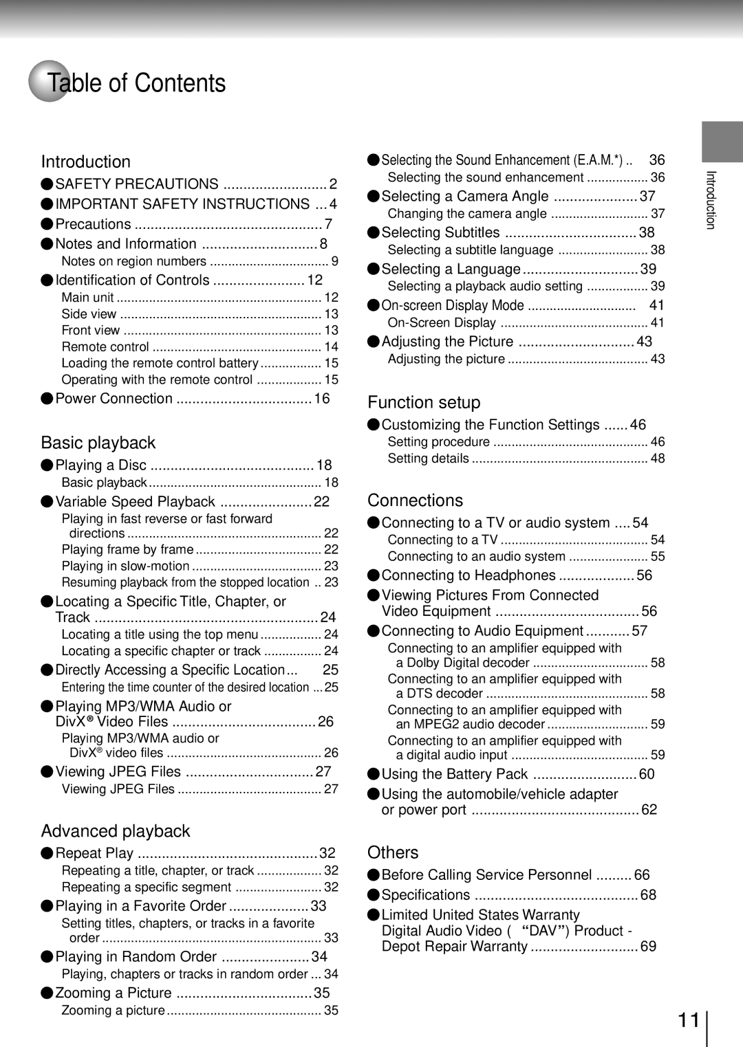 Toshiba SD-P1850SN owner manual Table of Contents 