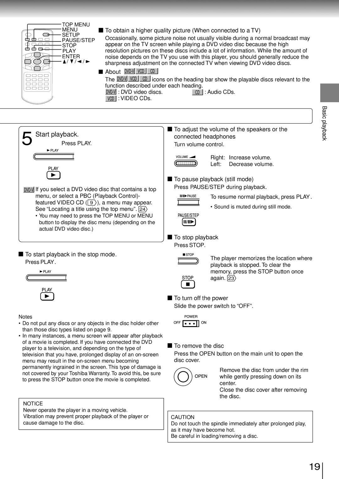 Toshiba SD-P1850SN To obtain a higher quality picture When connected to a TV, To start playback in the stop mode 