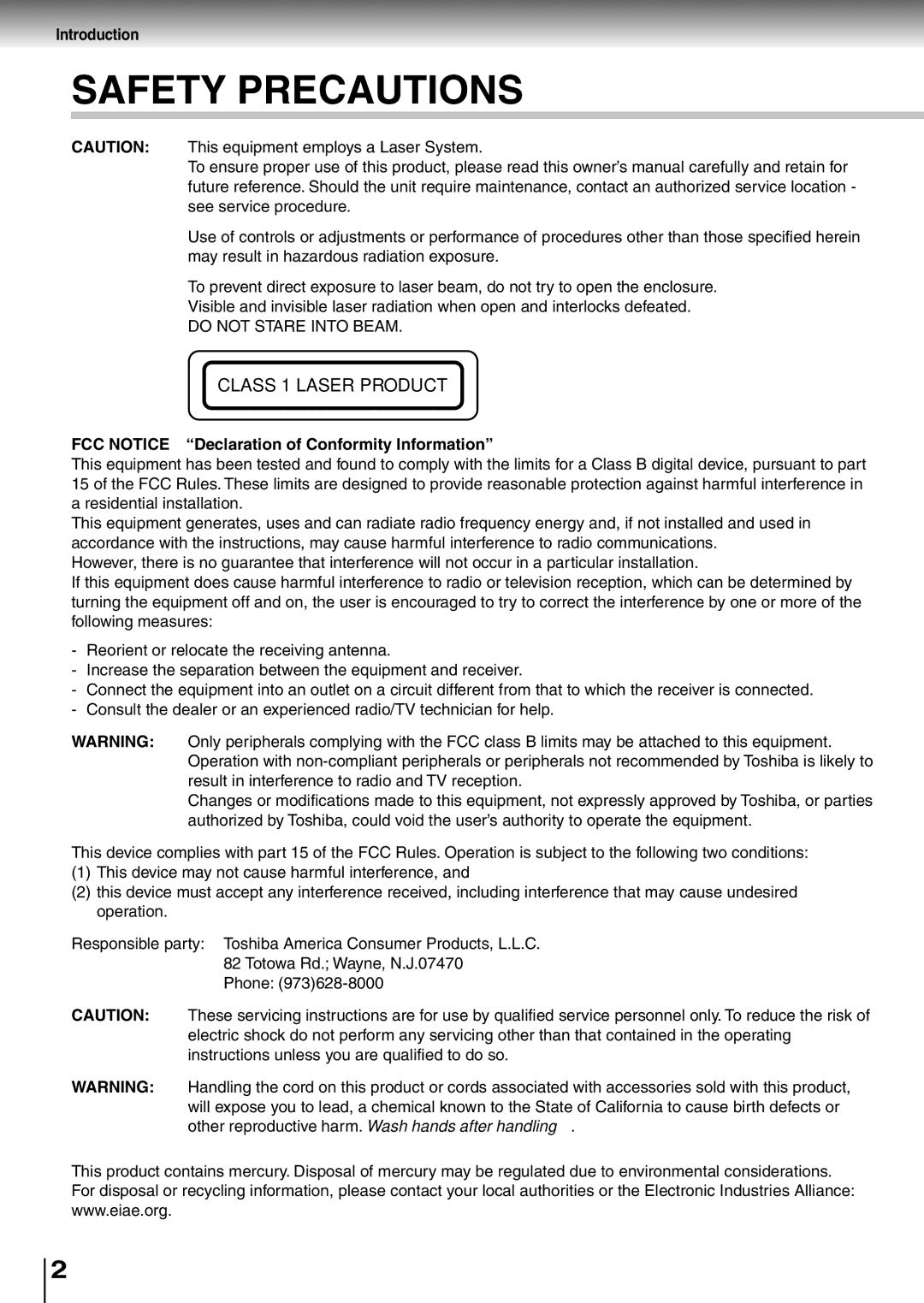 Toshiba SD-P1850SN owner manual Introduction, FCC Notice Declaration of Conformity Information 