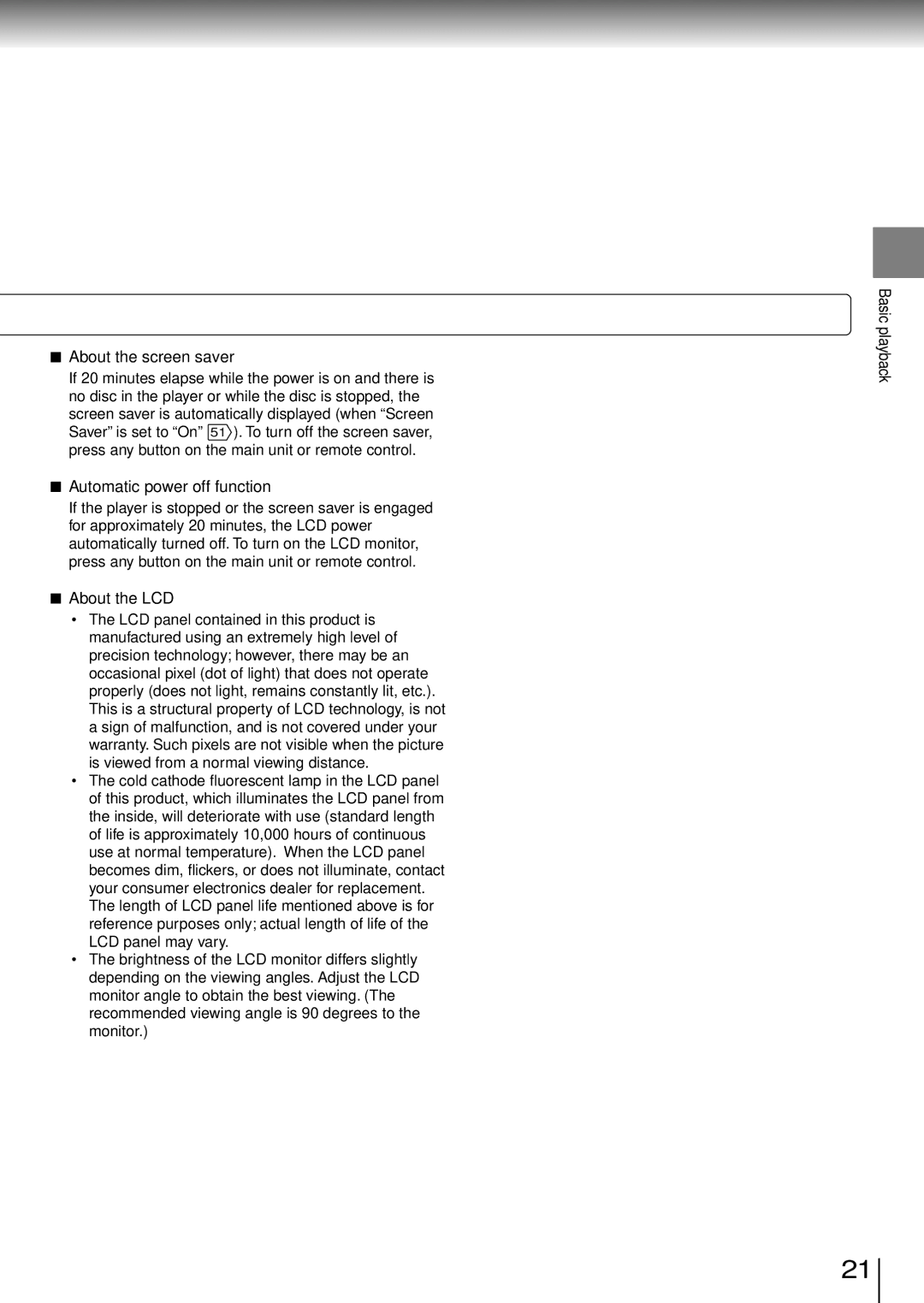 Toshiba SD-P1850SN owner manual About the screen saver, Automatic power off function, About the LCD 