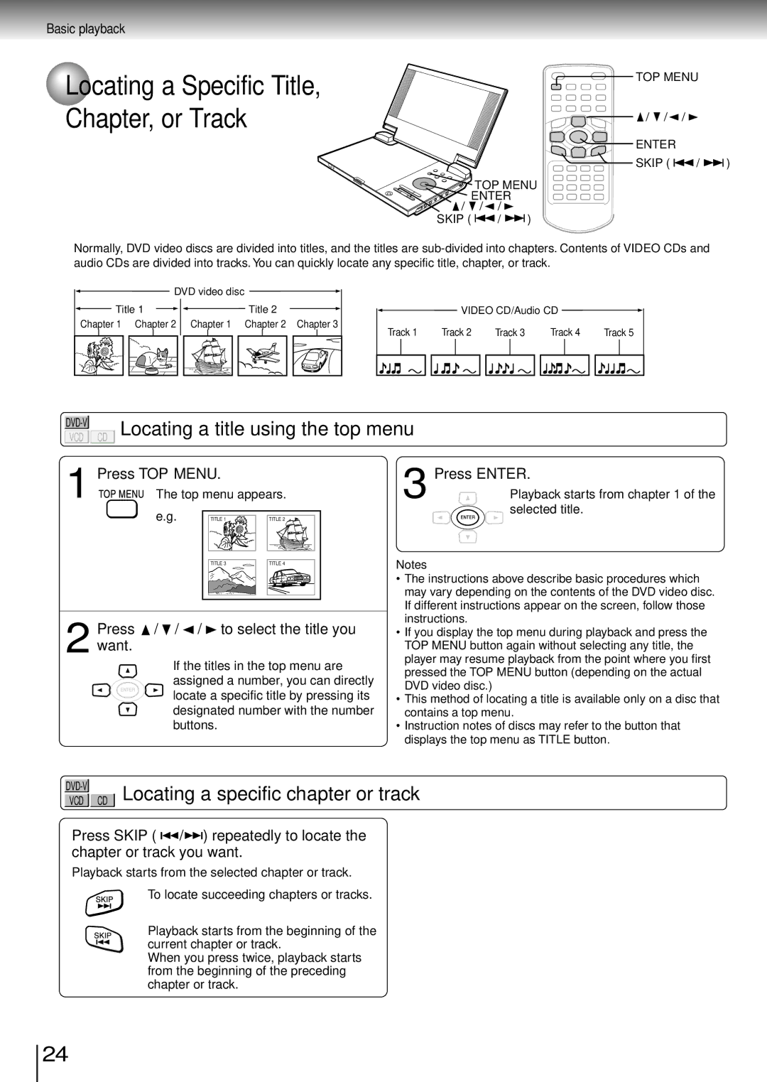 Toshiba SD-P1850SN Locating a title using the top menu, VCD CD Locating a specific chapter or track, Press TOP Menu 