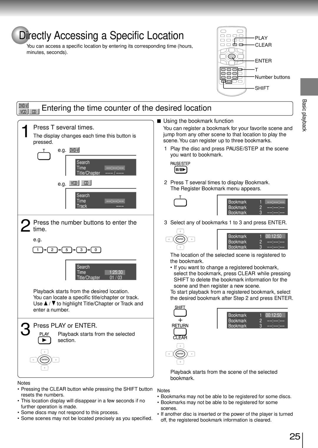 Toshiba SD-P1850SN Directly Accessing a Specific Location, VCD CD Entering the time counter of the desired location 