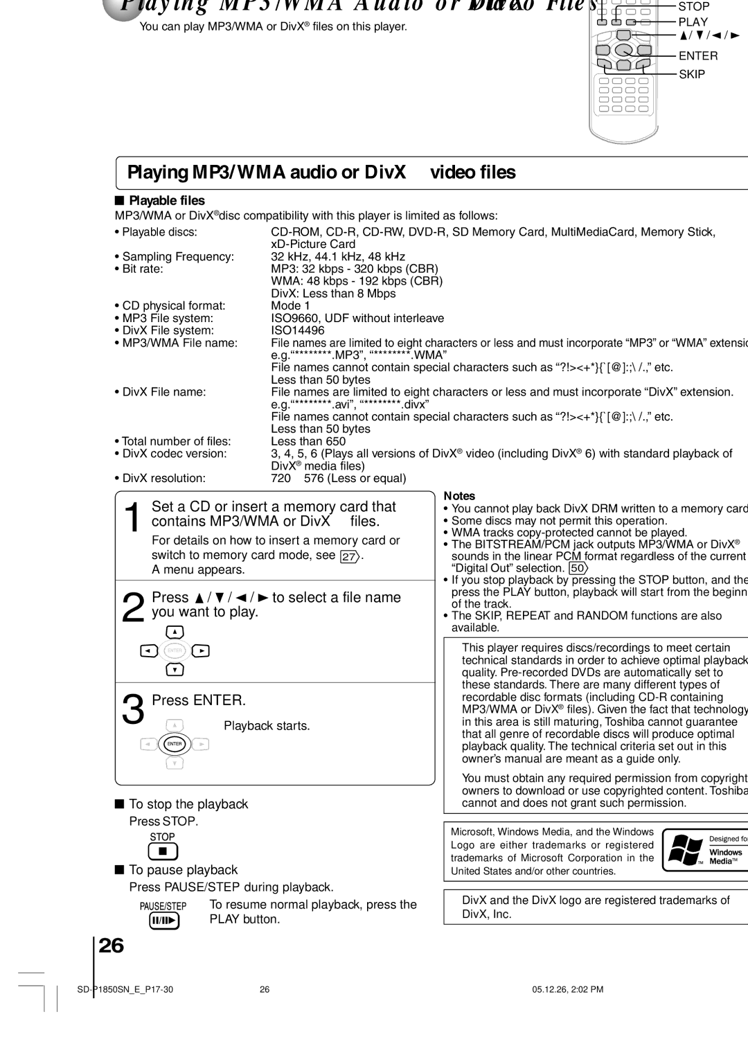 Toshiba SD-P1850SN Playing MP3/WMA audio or DivX video files, Playable files, To stop the playback, To pause playback 