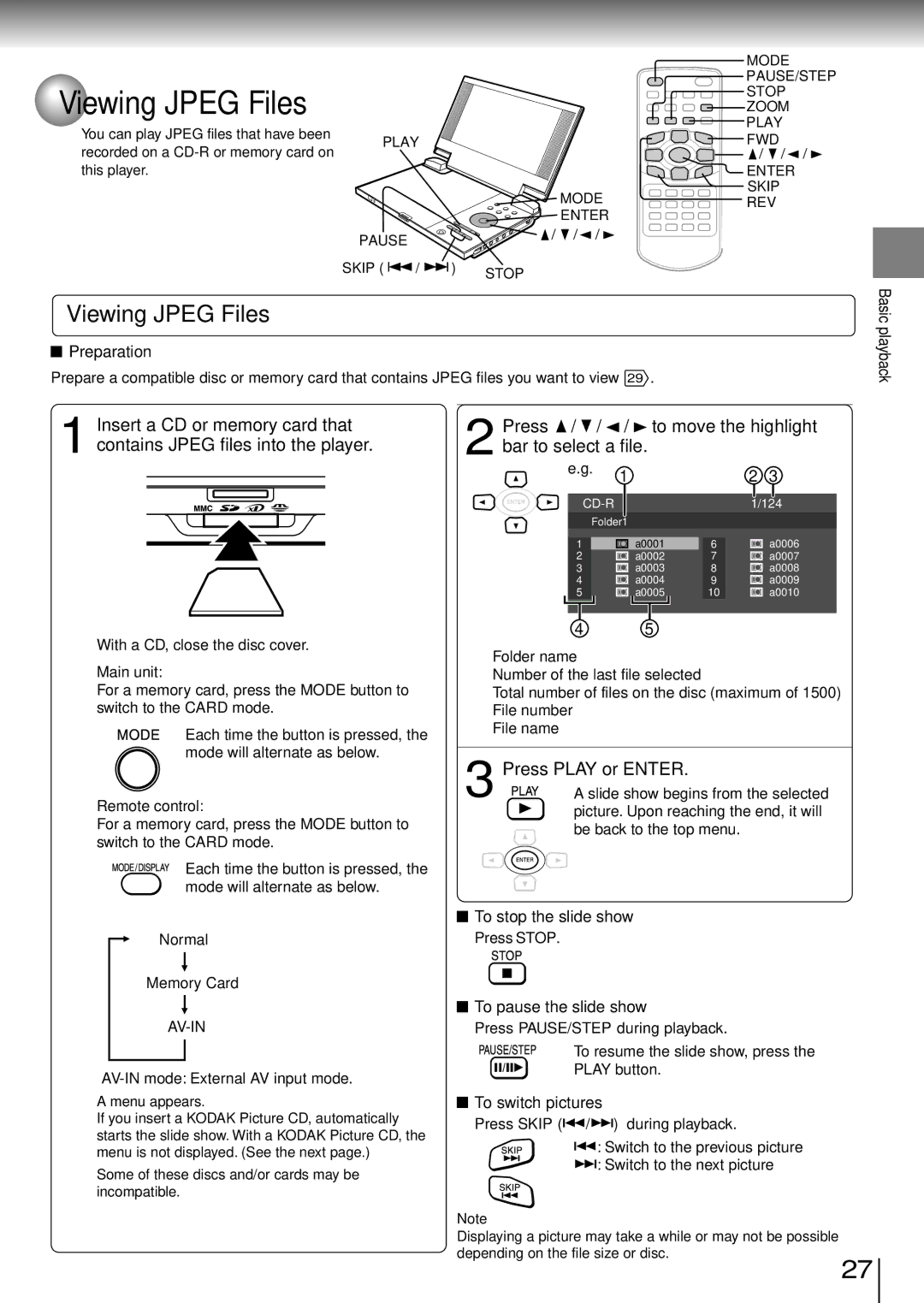 Toshiba SD-P1850SN owner manual Viewing Jpeg Files 