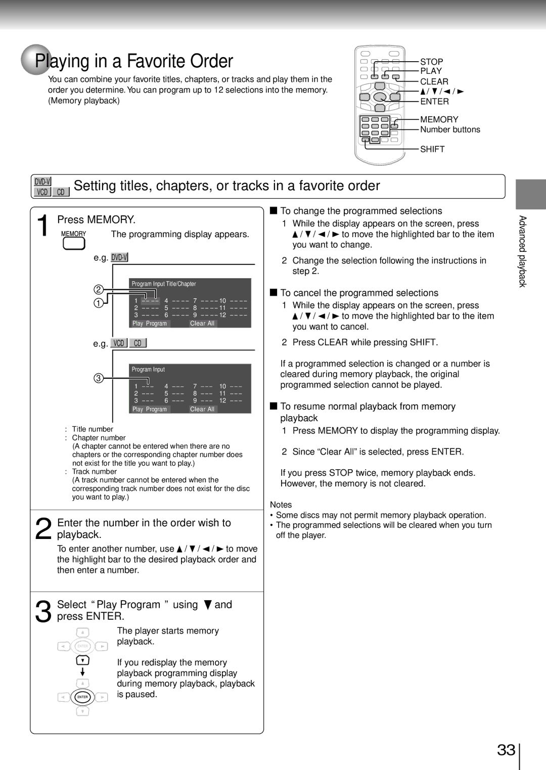 Toshiba SD-P1850SN owner manual Playing in a Favorite Order, Setting titles, chapters, or tracks in a favorite order 