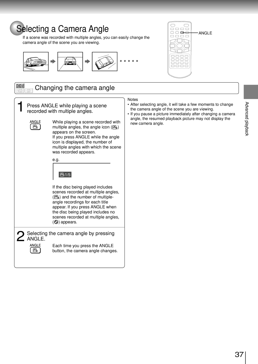 Toshiba SD-P1850SN owner manual Selecting a Camera Angle, Changing the camera angle, Selecting the camera angle by pressing 