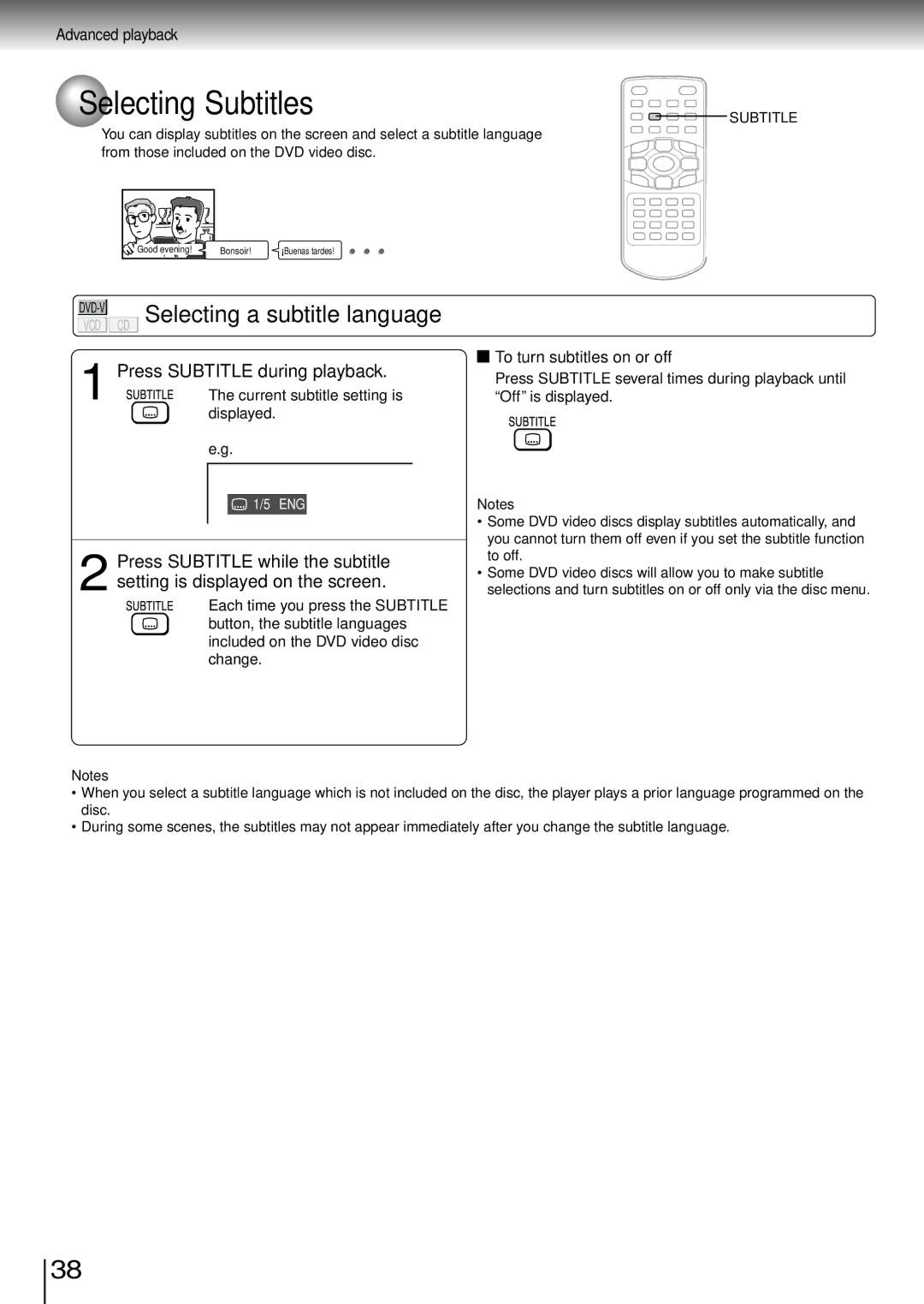 Toshiba SD-P1850SN owner manual Selecting Subtitles, CD Selecting a subtitle language, Press Subtitle during playback 