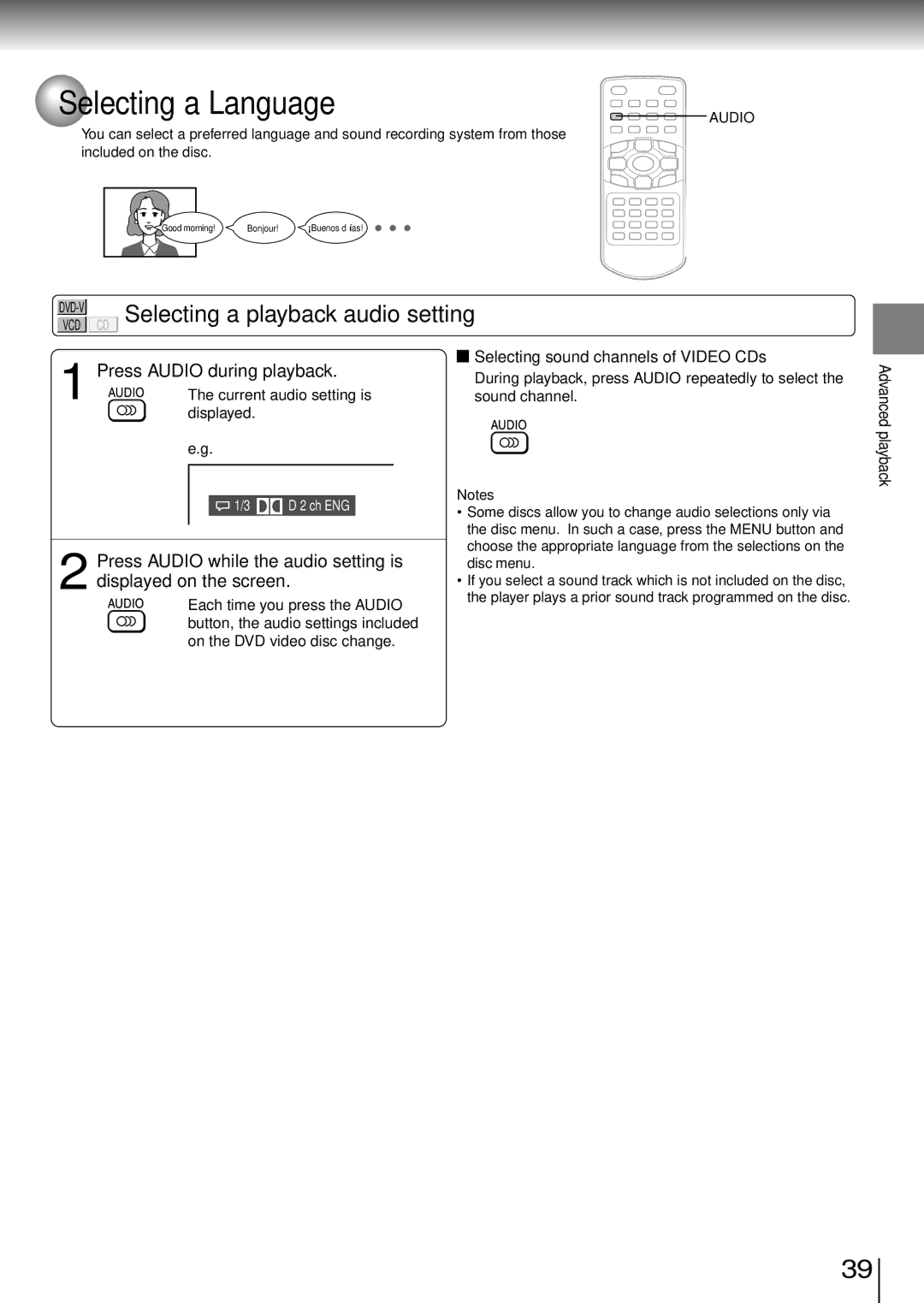 Toshiba SD-P1850SN owner manual Selecting a Language, CD Selecting a playback audio setting, Press Audio during playback 