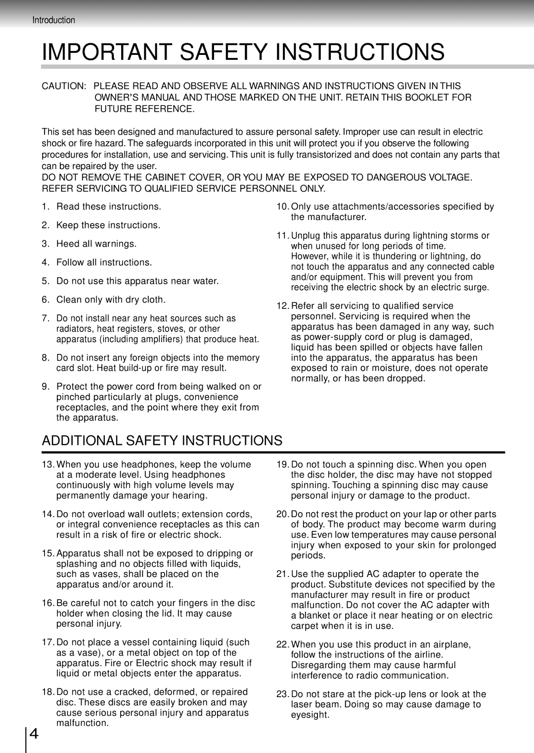 Toshiba SD-P1850SN owner manual Important Safety Instructions 