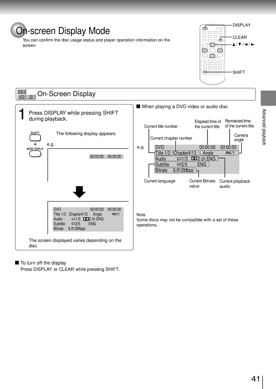 Toshiba SD-P1850SN owner manual On-screen Display Mode, On-Screen Display 