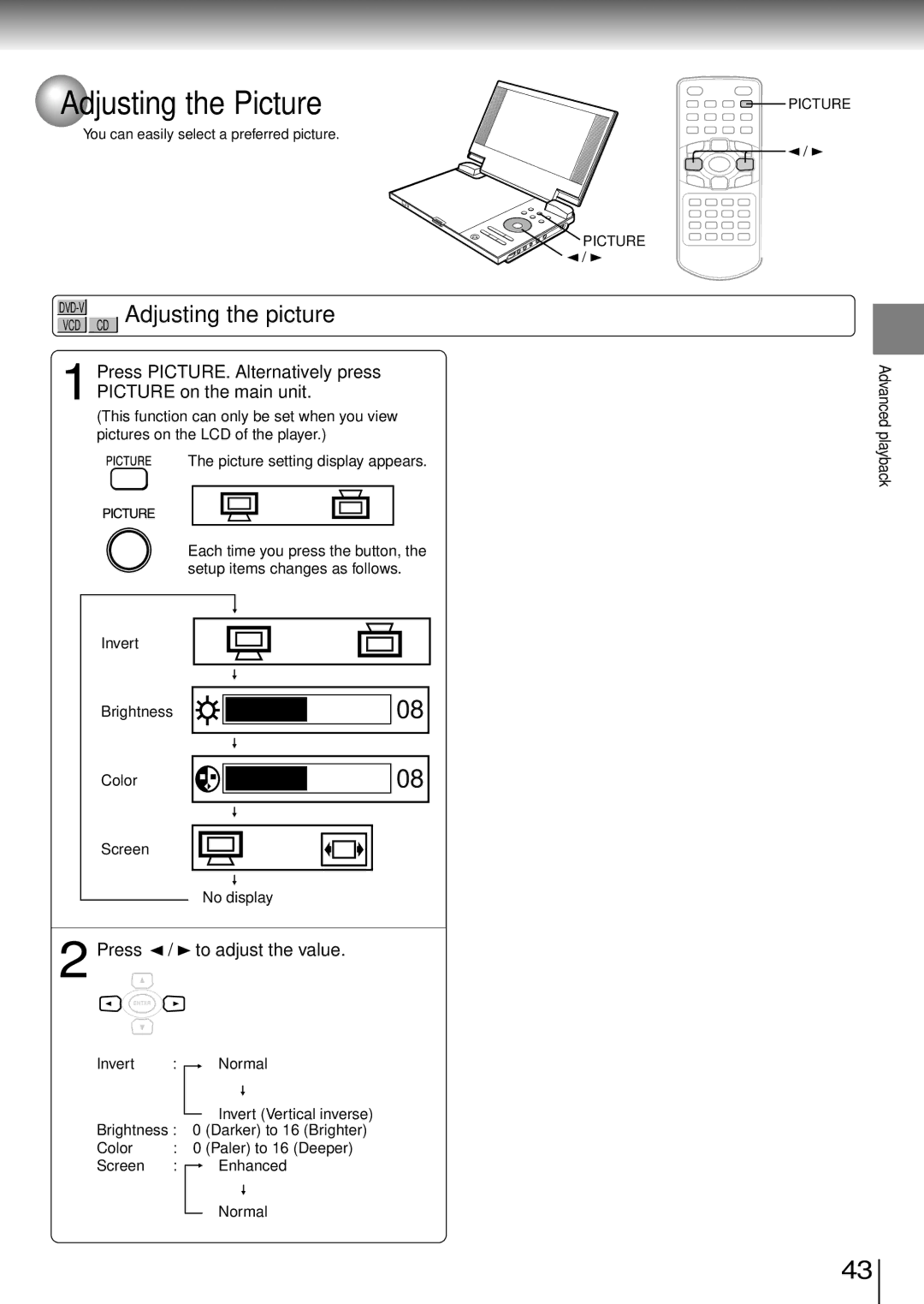 Toshiba SD-P1850SN owner manual Adjusting the Picture, Adjusting the picture, Press, To adjust the value 