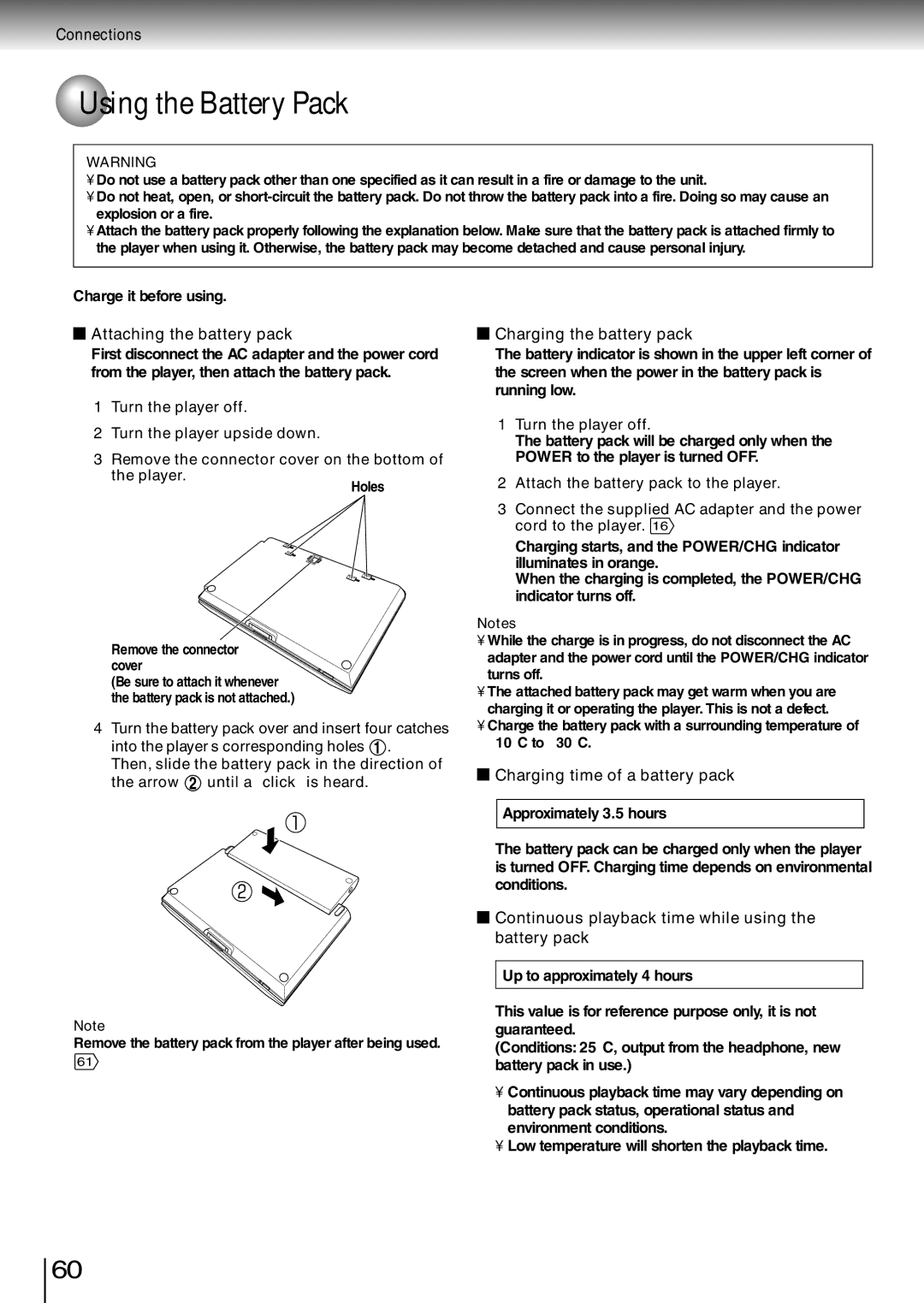 Toshiba SD-P1850SN owner manual Using the Battery Pack, Attaching the battery pack, Charging the battery pack 