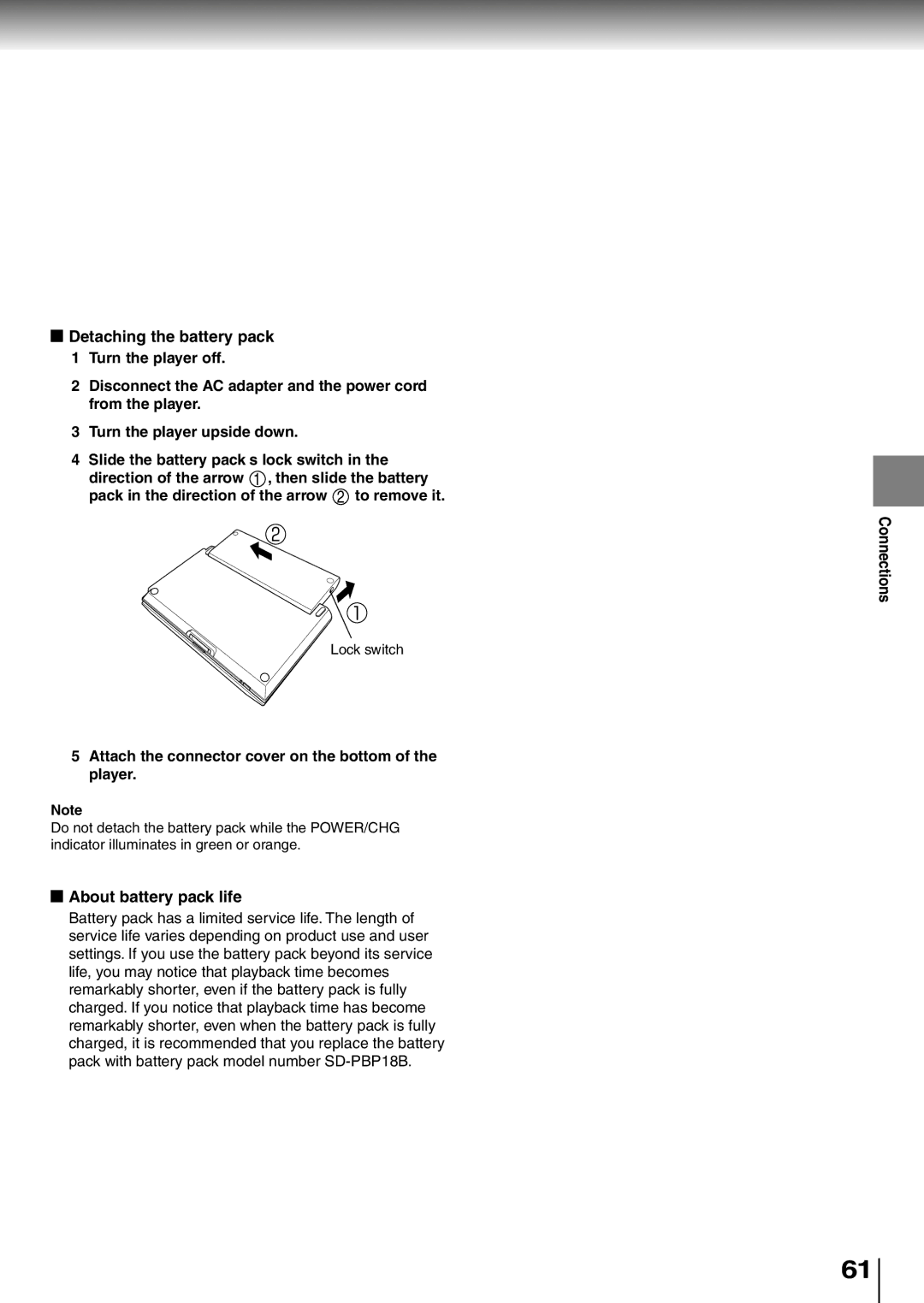 Toshiba SD-P1850SN owner manual Detaching the battery pack, About battery pack life 