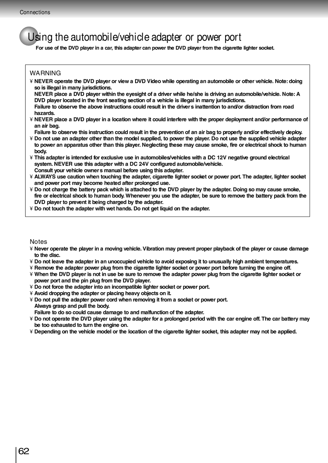 Toshiba SD-P1850SN owner manual Using the automobile/vehicle adapter or power port 