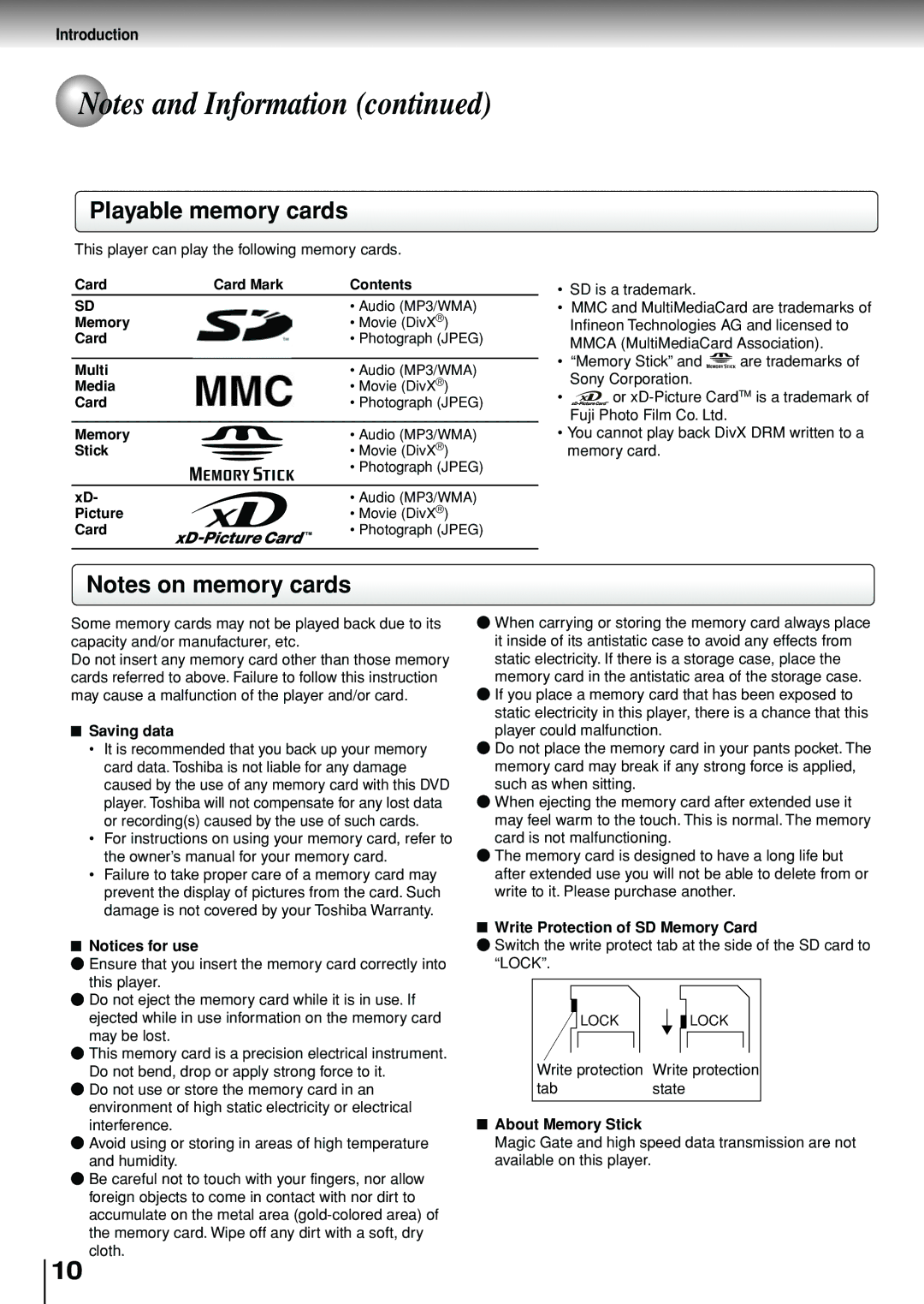 Toshiba SD-P1880SE owner manual Playable memory cards 