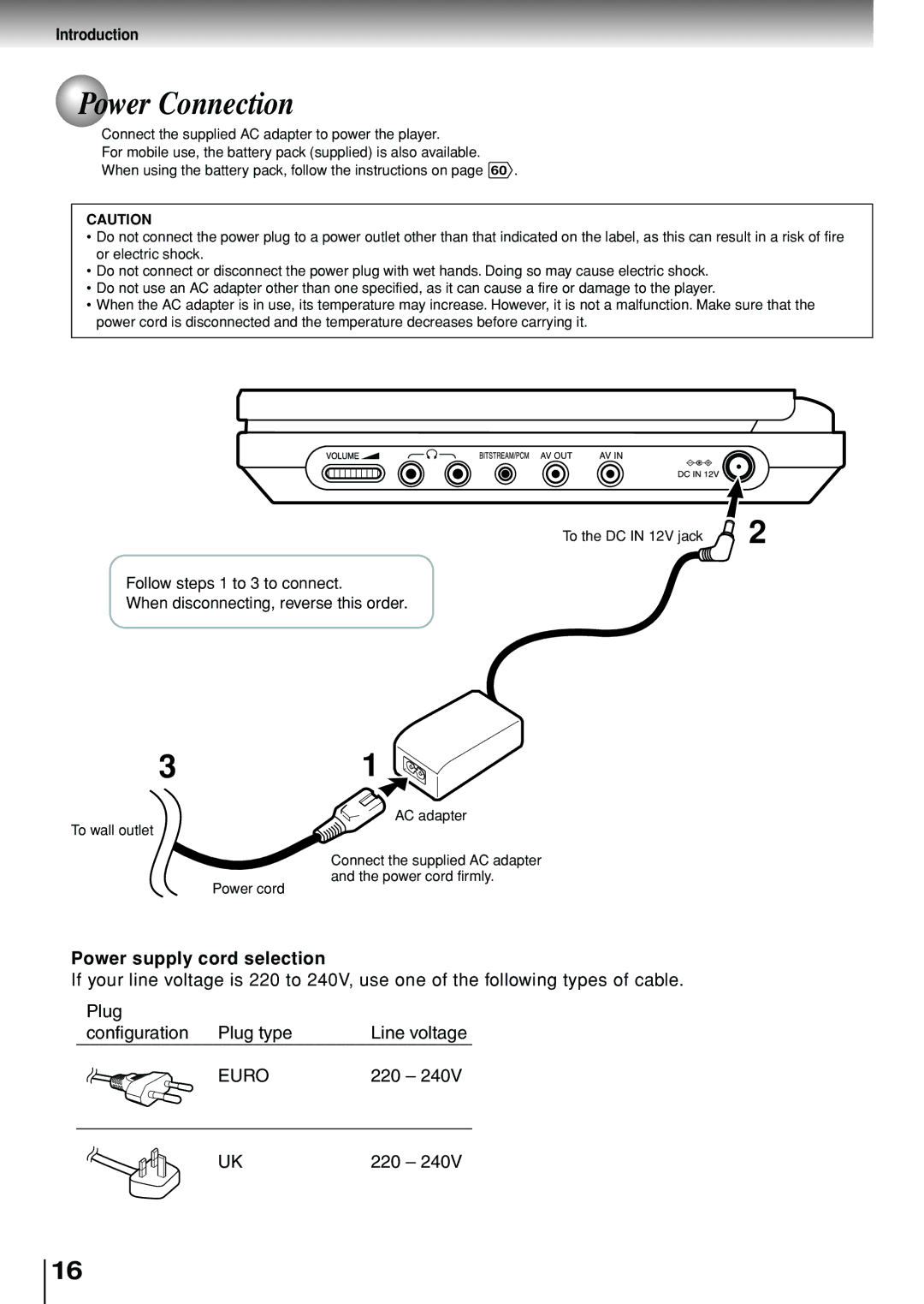 Toshiba SD-P1880SE owner manual Power Connection, Power supply cord selection 