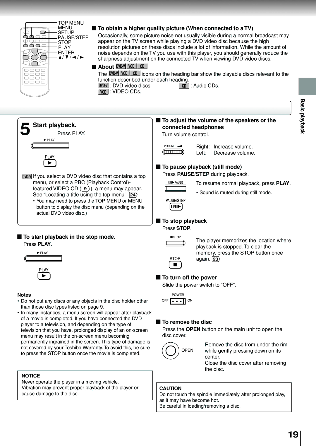 Toshiba SD-P1880SE To obtain a higher quality picture When connected to a TV, To start playback in the stop mode 