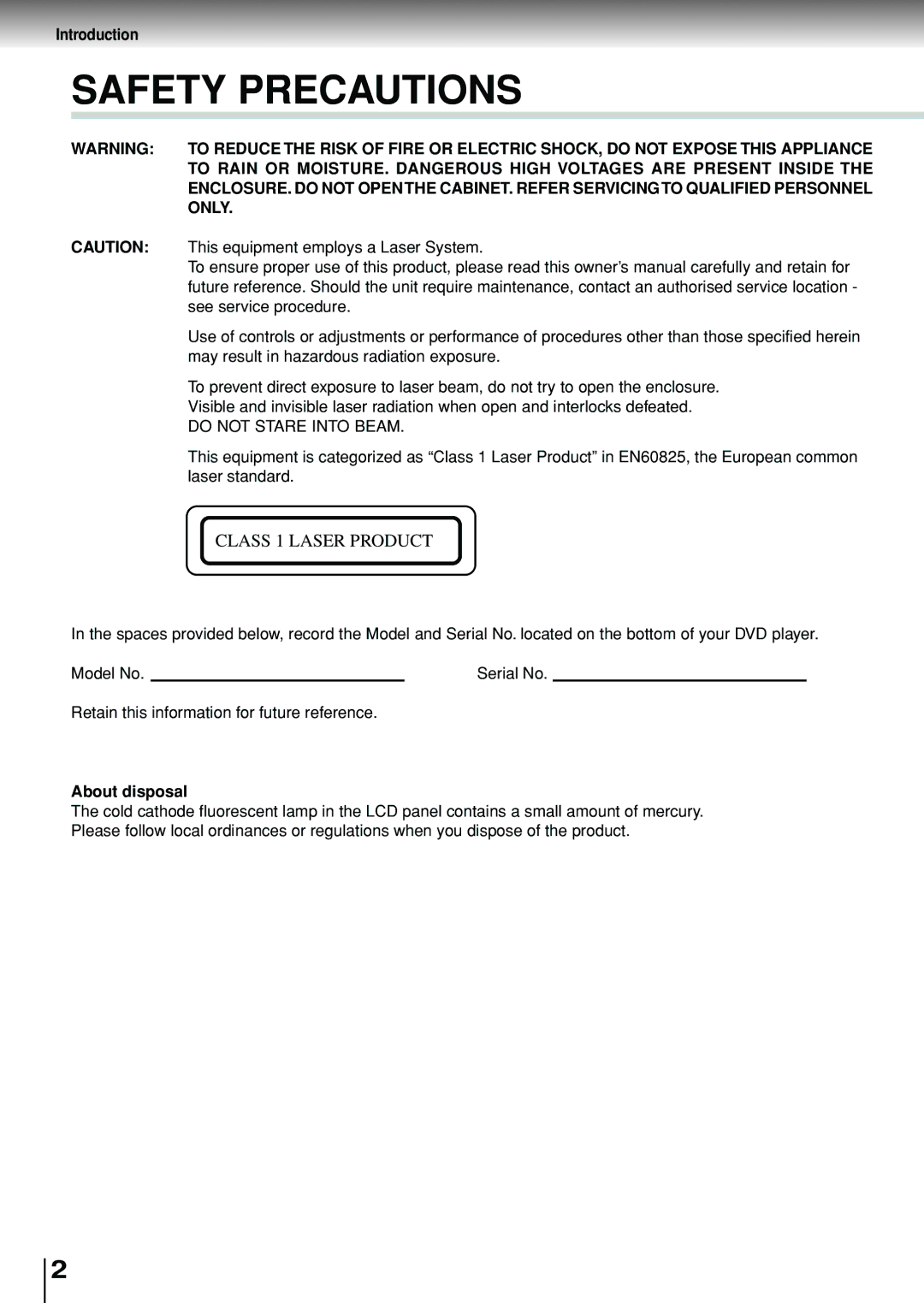 Toshiba SD-P1880SE owner manual Introduction, About disposal 