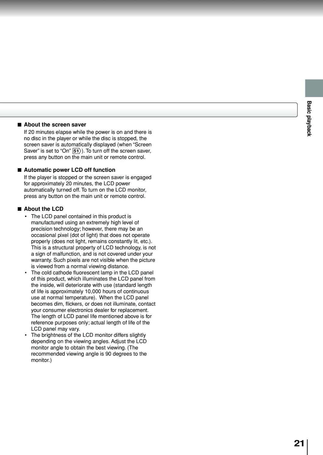 Toshiba SD-P1880SE owner manual About the screen saver, Automatic power LCD off function, About the LCD 