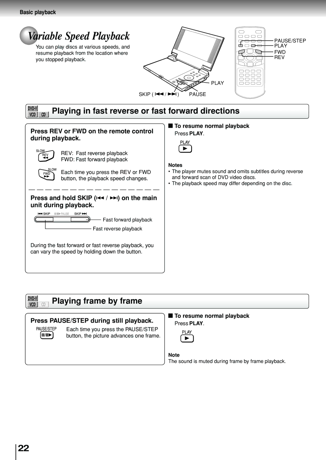 Toshiba SD-P1880SE Variable Speed Playback, Playing in fast reverse or fast forward directions, Playing frame by frame 