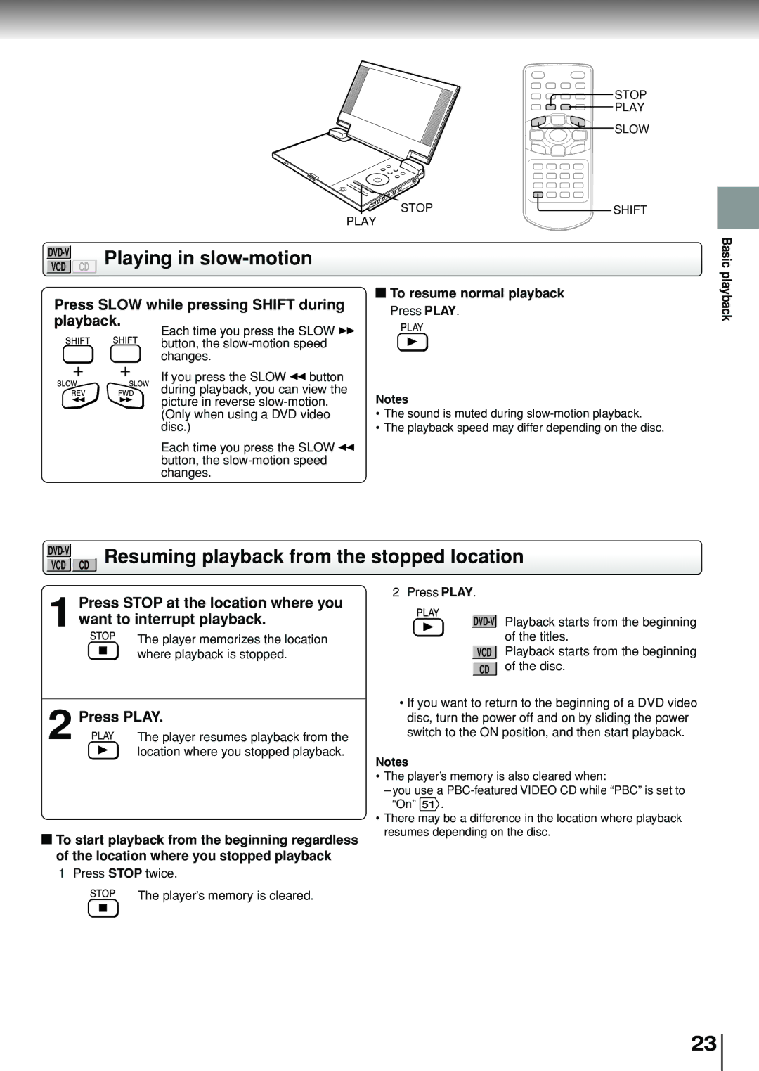 Toshiba SD-P1880SE owner manual Playing in slow-motion, CD Resuming playback from the stopped location, Press Play 