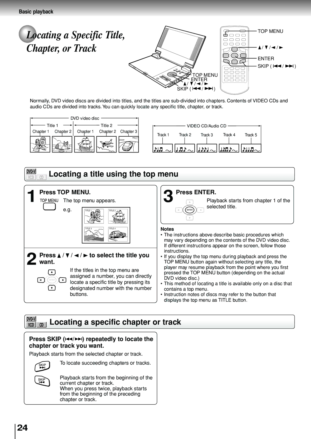 Toshiba SD-P1880SE Locating a title using the top menu, VCD CD Locating a specific chapter or track, Press TOP Menu 