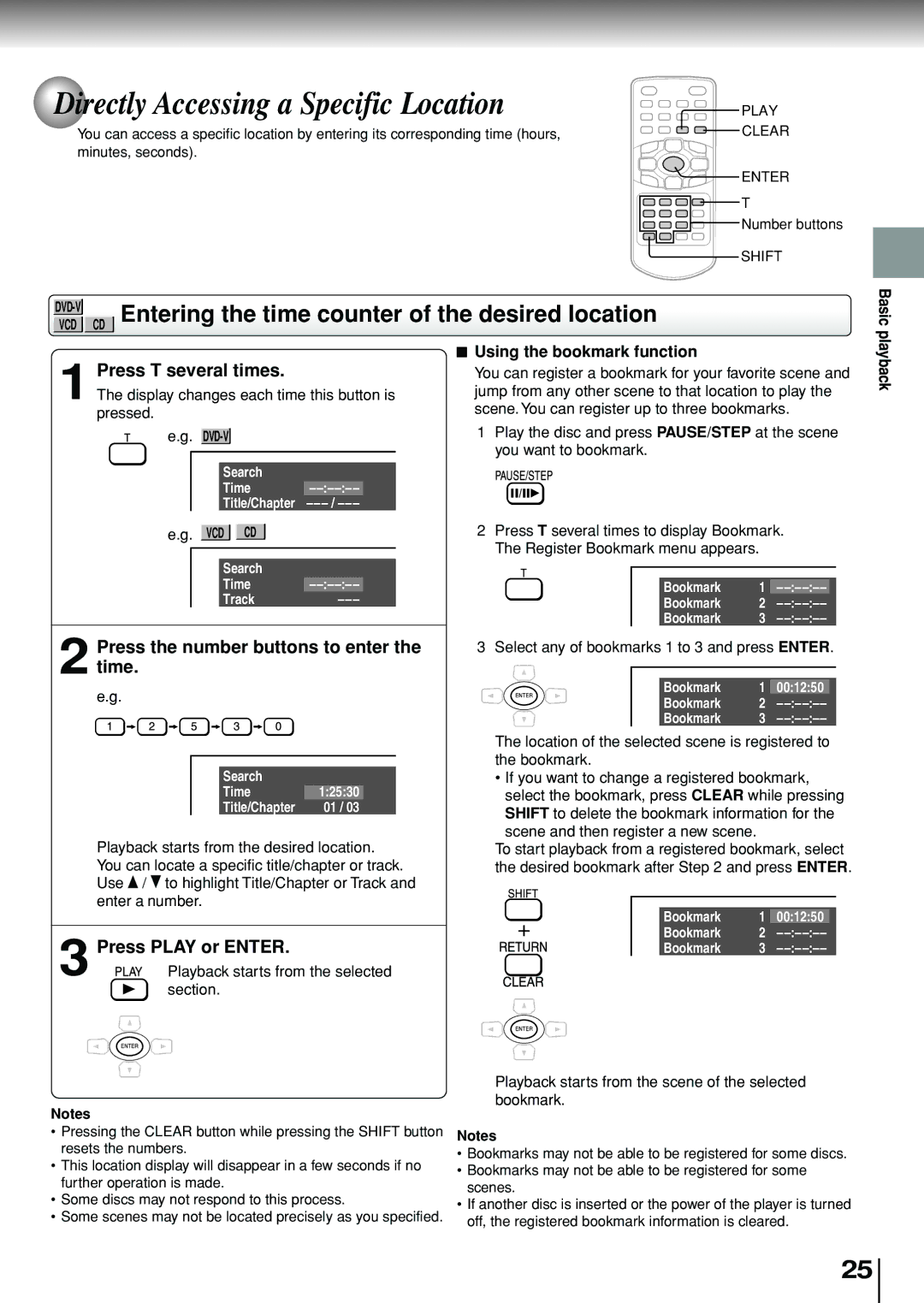 Toshiba SD-P1880SE Directly Accessing a Specific Location, VCD CD Entering the time counter of the desired location 