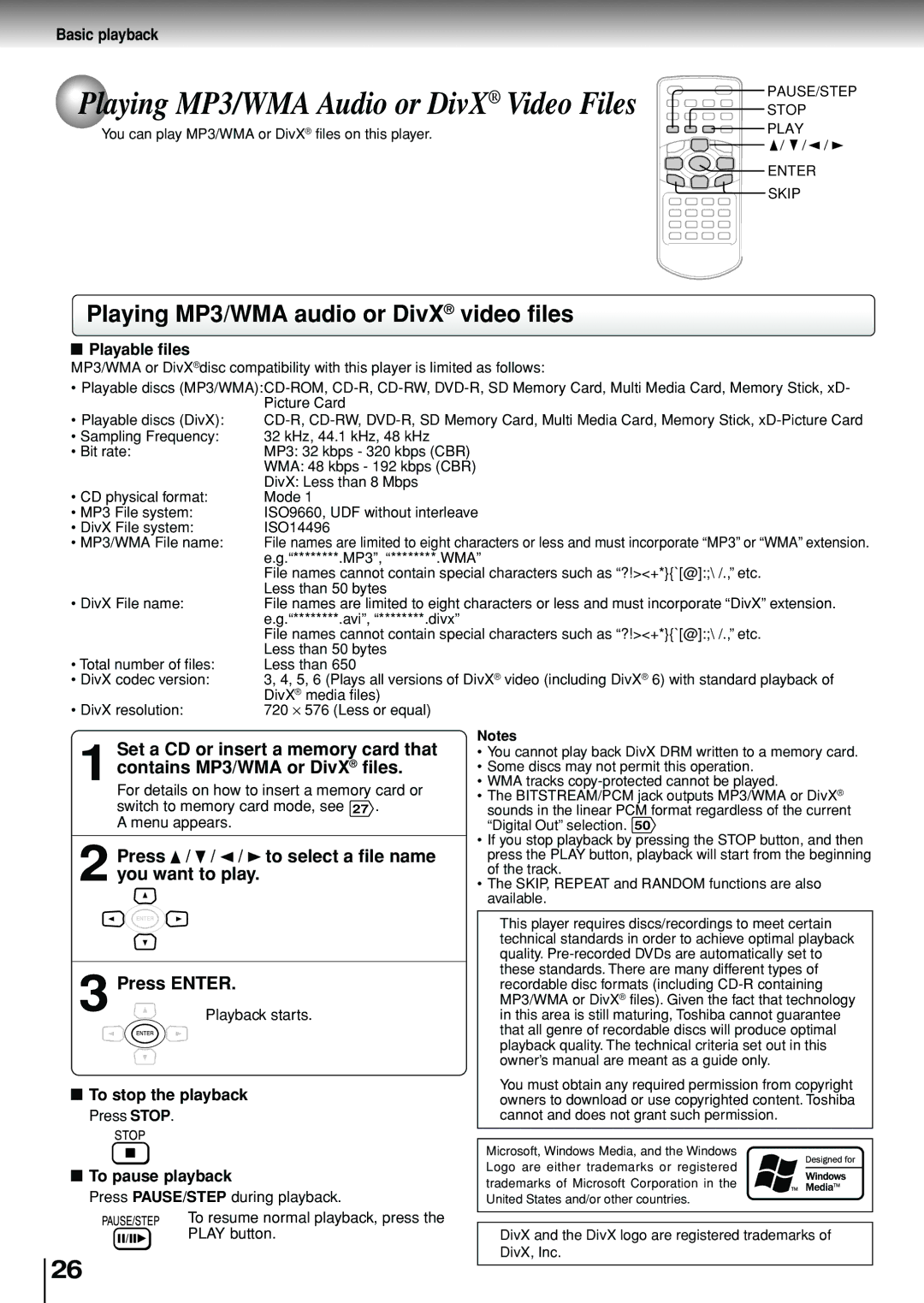 Toshiba SD-P1880SE Playing MP3/WMA audio or DivX video files, Playable files, To stop the playback, To pause playback 