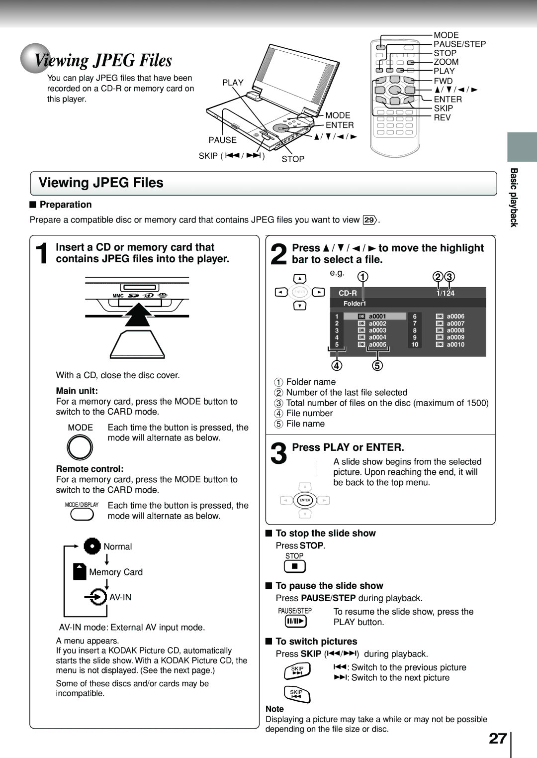 Toshiba SD-P1880SE owner manual Viewing Jpeg Files 