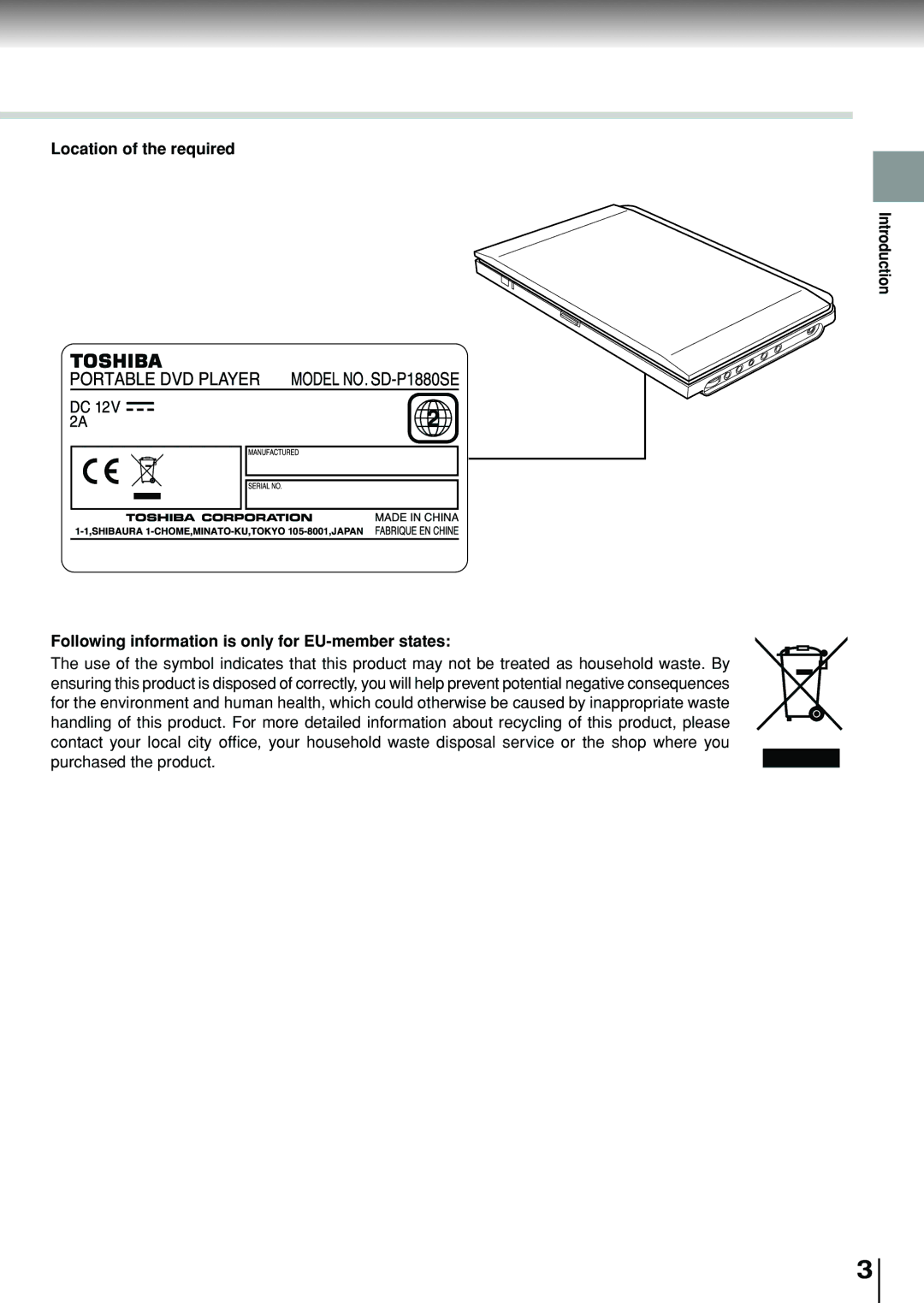 Toshiba SD-P1880SE owner manual Location of the required, Following information is only for EU-member states, Introduction 