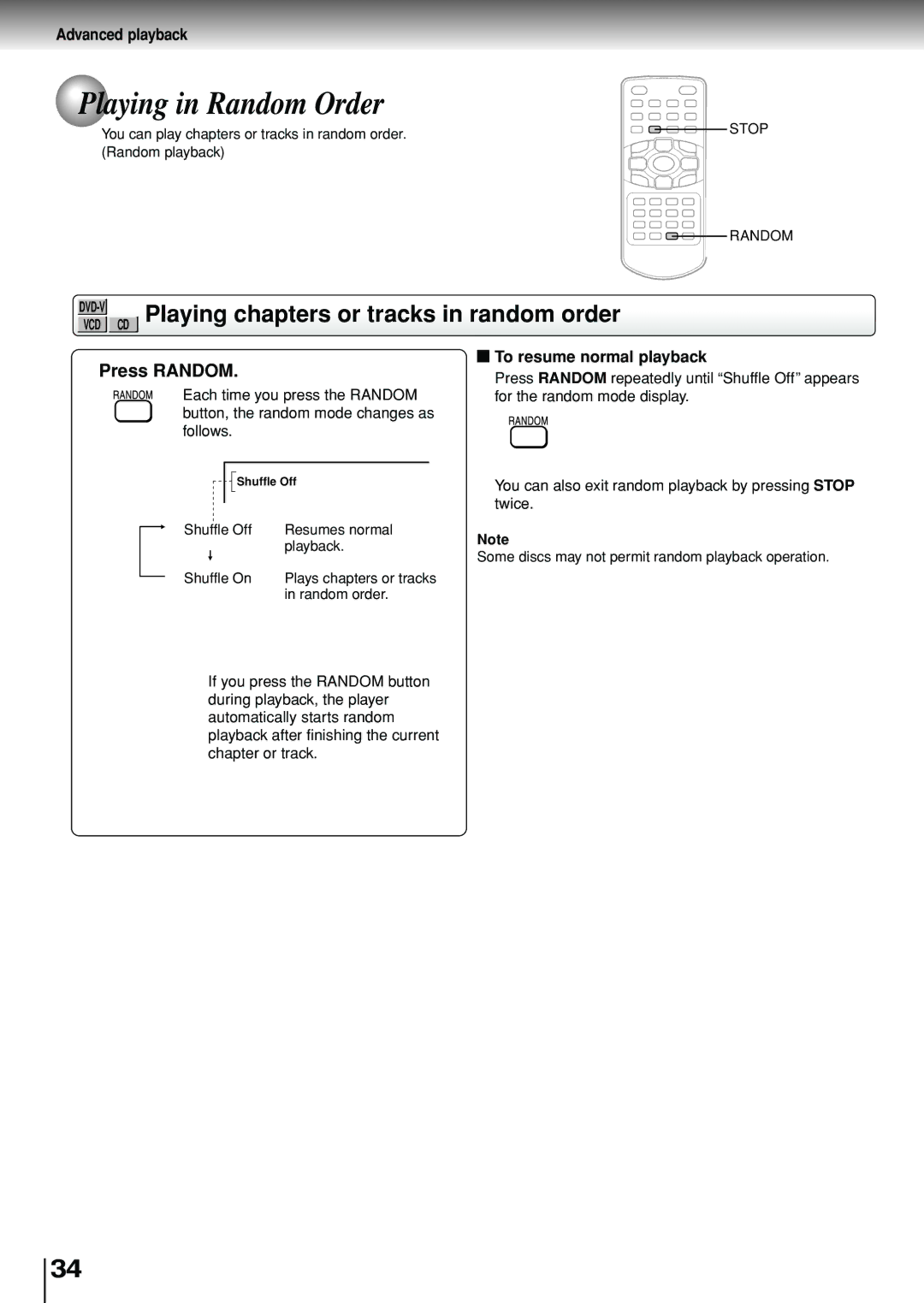 Toshiba SD-P1880SE owner manual Playing in Random Order, Playing chapters or tracks in random order, Press Random 