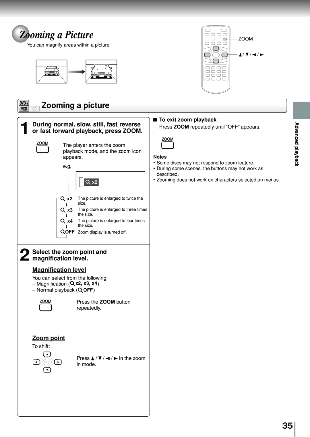 Toshiba SD-P1880SE owner manual Zooming a Picture, Zooming a picture, Zoom point, To exit zoom playback 