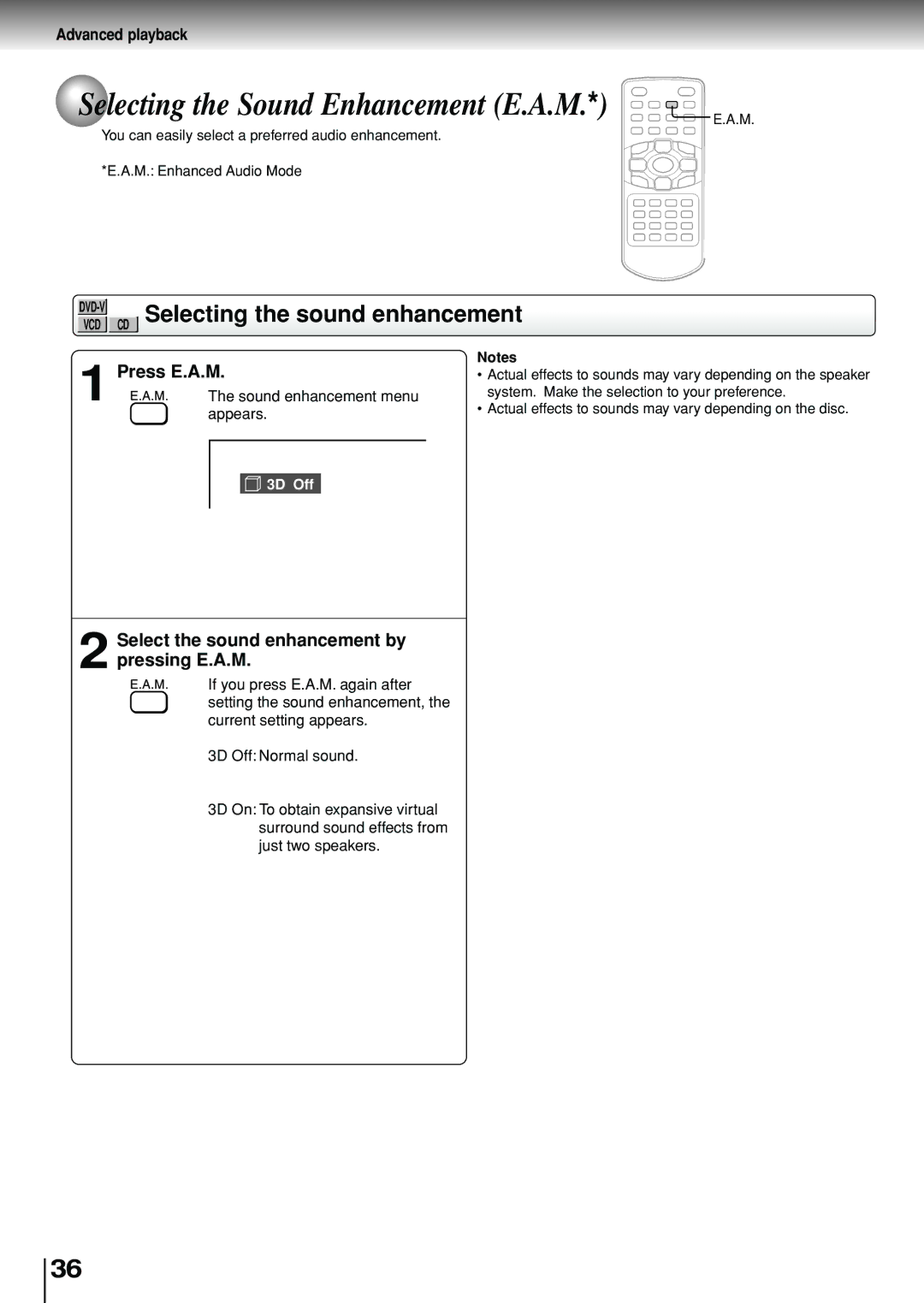 Toshiba SD-P1880SE owner manual Selecting the Sound Enhancement E.A.M, CD Selecting the sound enhancement, Press E.A.M 