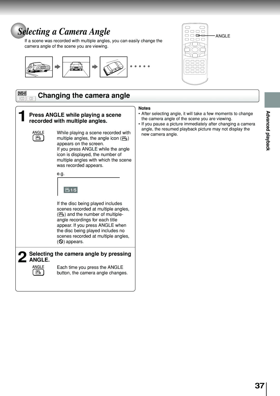 Toshiba SD-P1880SE owner manual Selecting a Camera Angle, Changing the camera angle, Selecting the camera angle by pressing 