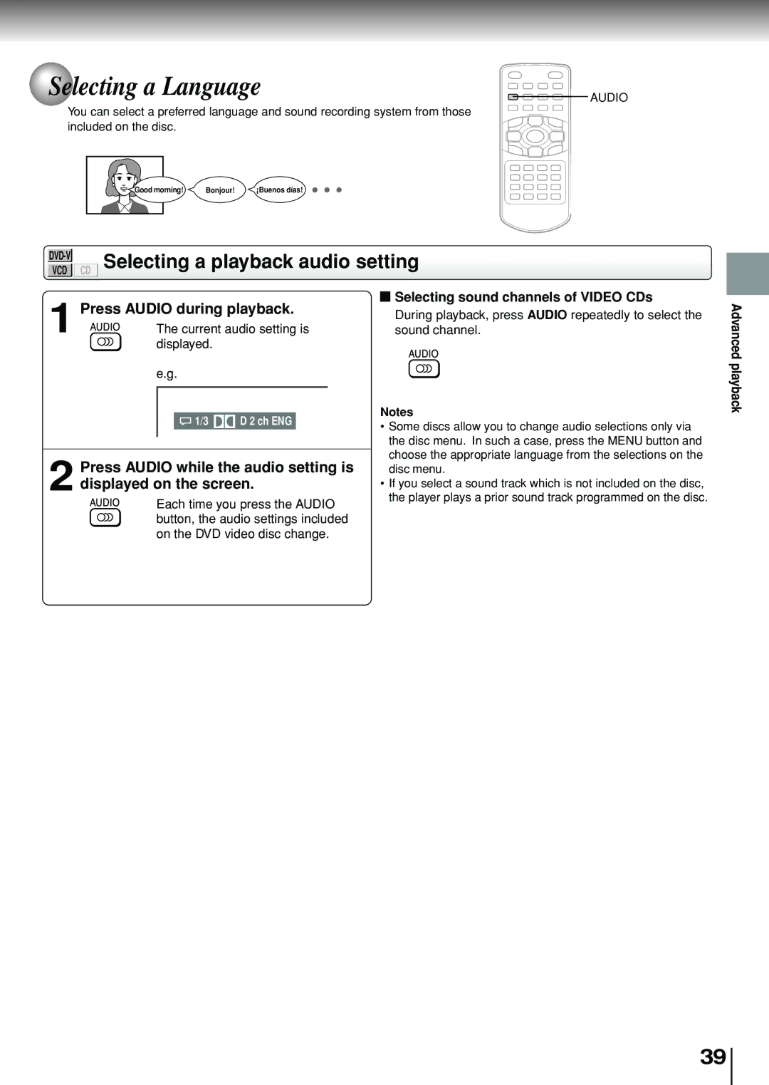 Toshiba SD-P1880SE owner manual Selecting a Language, CD Selecting a playback audio setting, Press Audio during playback 