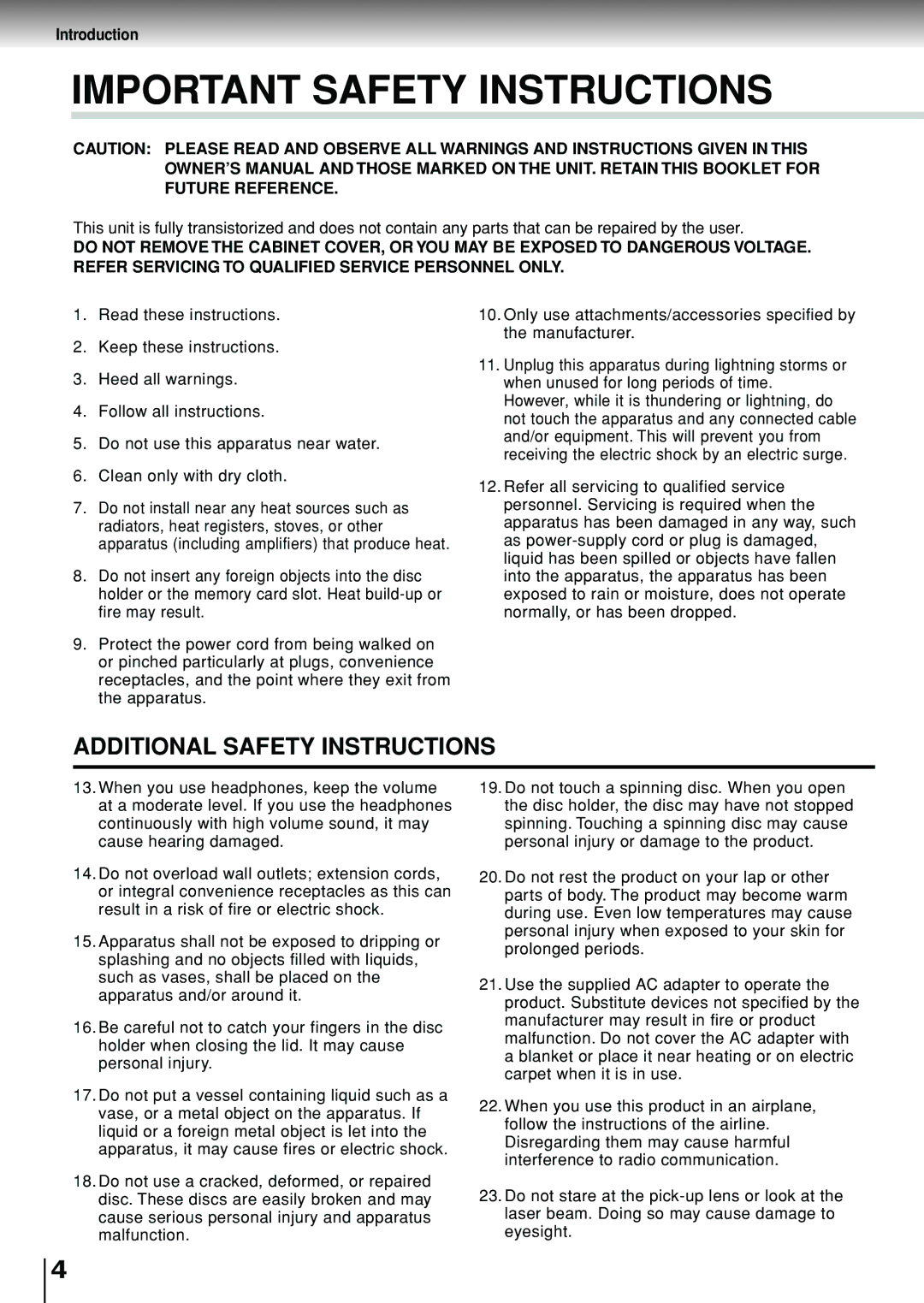 Toshiba SD-P1880SE owner manual Important Safety Instructions 