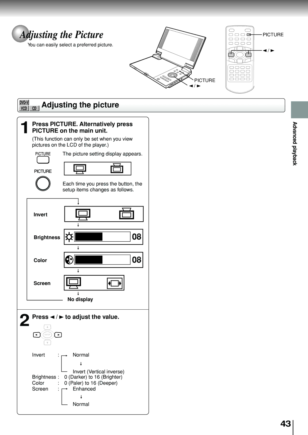 Toshiba SD-P1880SE owner manual Adjusting the Picture, Adjusting the picture, Press, To adjust the value 