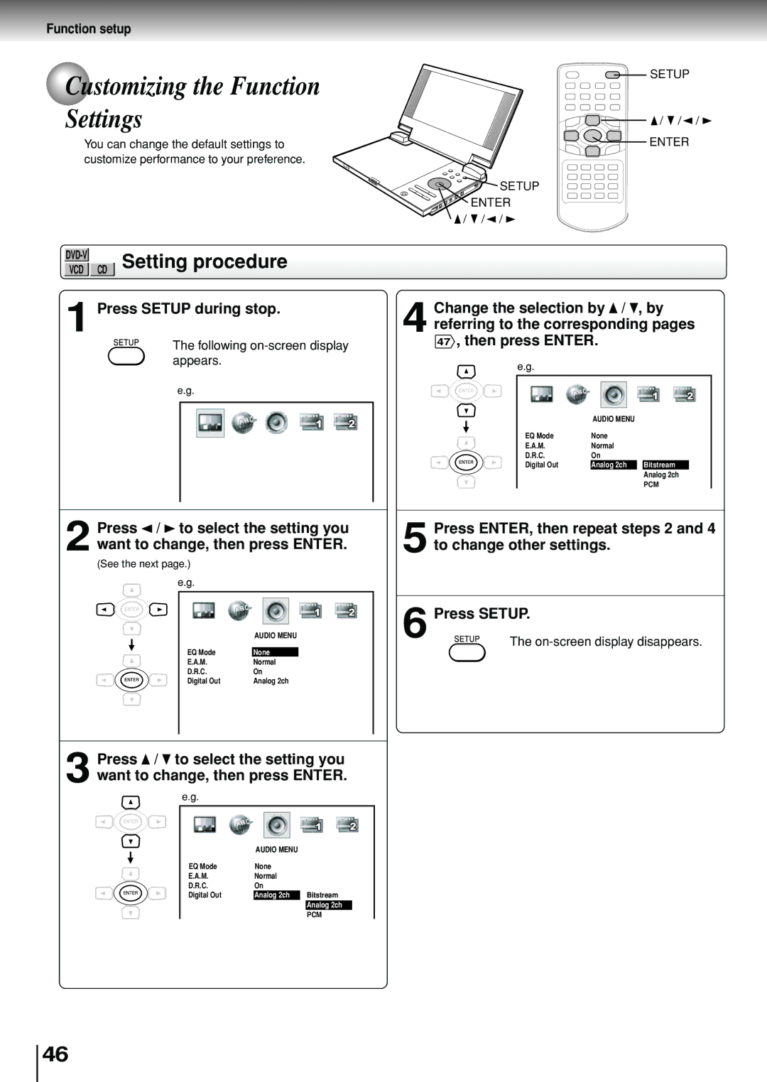 Toshiba SD-P1880SE owner manual Customizing the Function Settings, Setting procedure, Press Setup during stop 