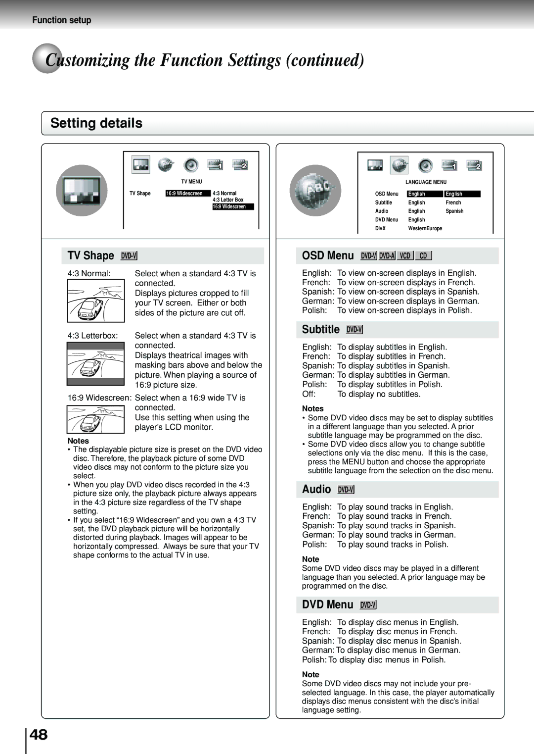 Toshiba SD-P1880SE owner manual Setting details, TV Menu Language Menu 