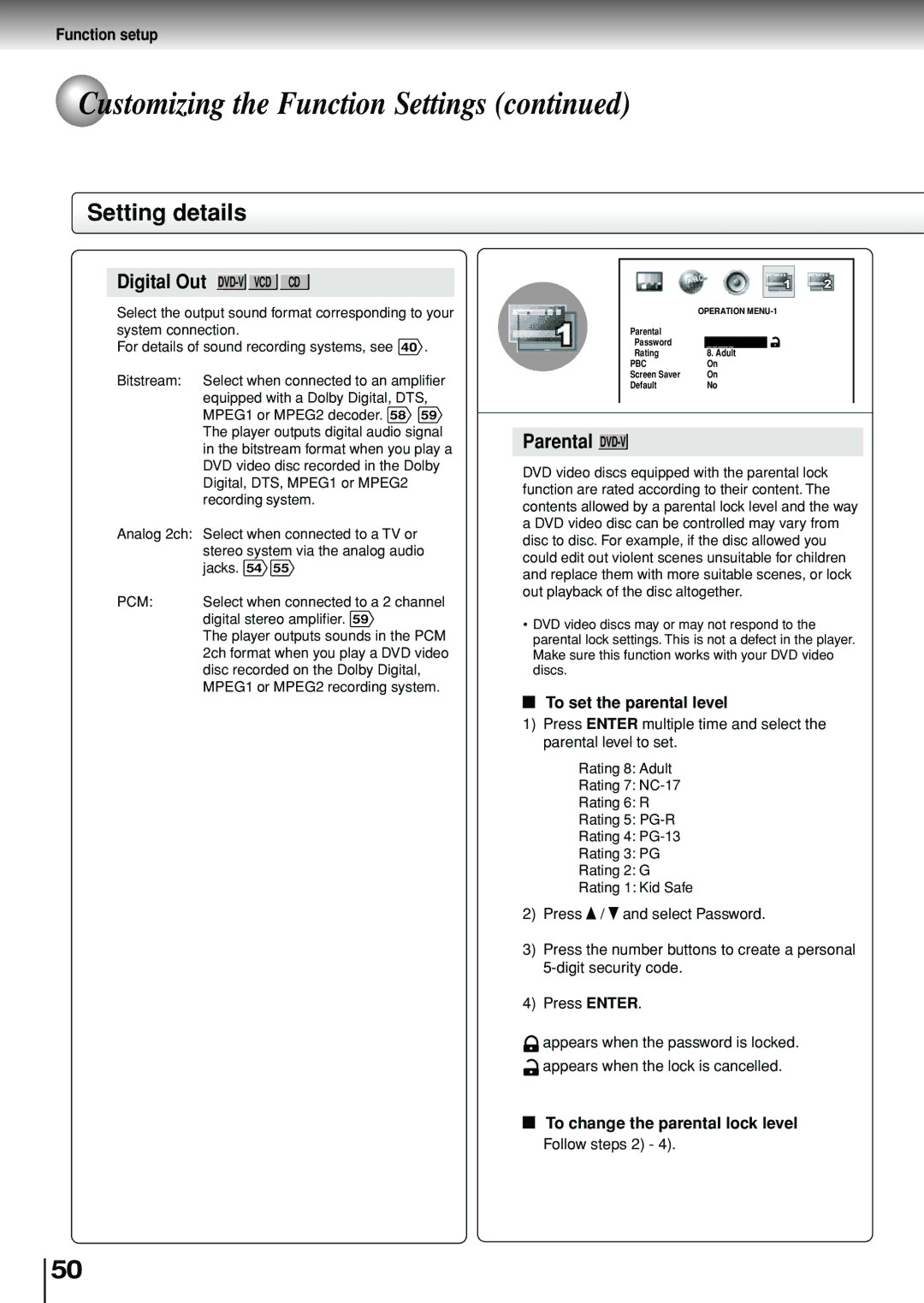 Toshiba SD-P1880SE owner manual To set the parental level, To change the parental lock level, Pcm 