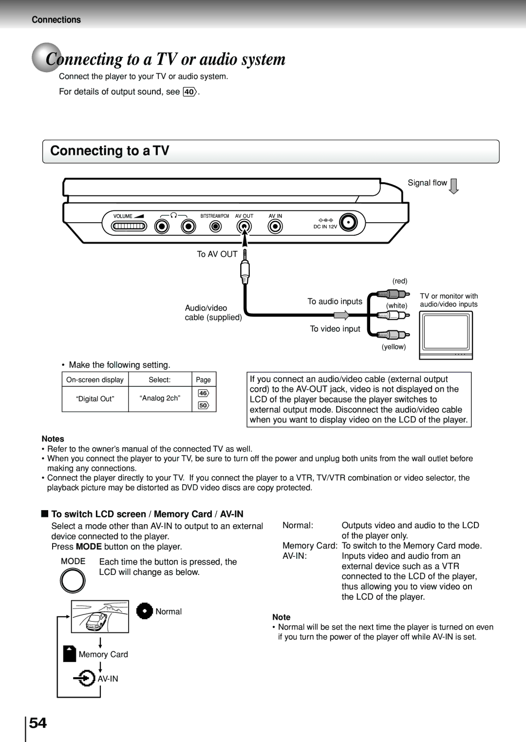 Toshiba SD-P1880SE owner manual Connecting to a TV or audio system, Connections, To switch LCD screen / Memory Card / AV-IN 